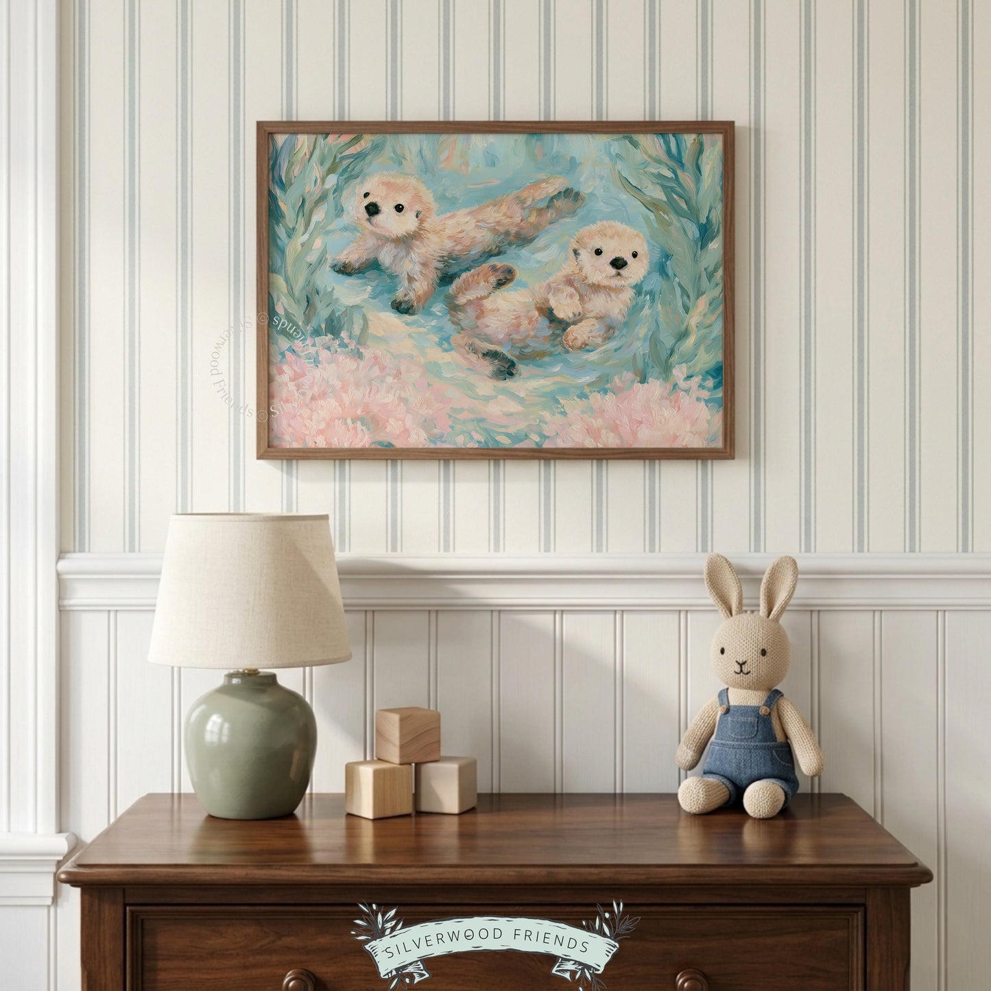 Endearing sea otters art print for coastal home — playful illustrations radiating joy and warmth, perfect for creating a beachy ambiance.