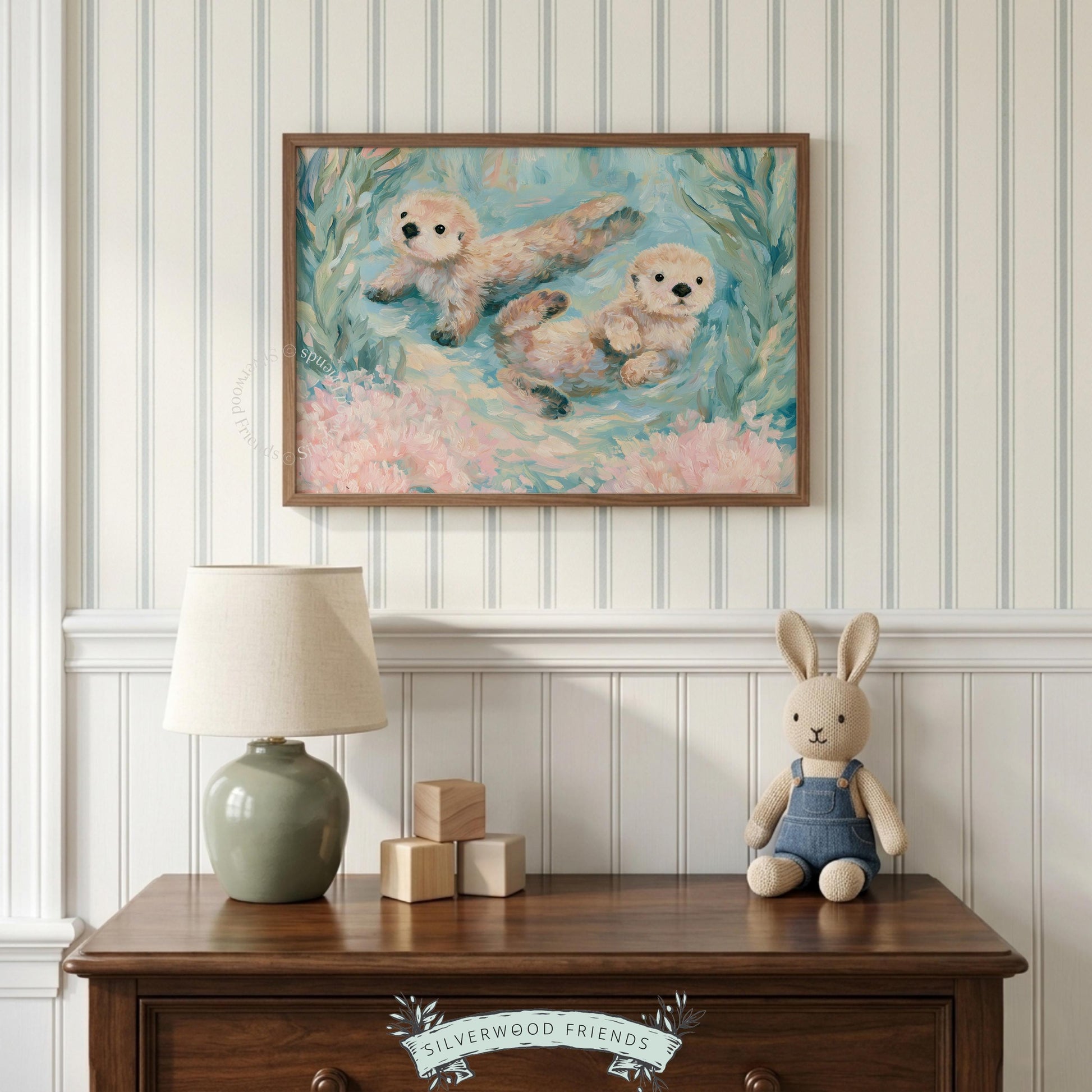 Endearing sea otters art print for coastal home — playful illustrations radiating joy and warmth, perfect for creating a beachy ambiance.