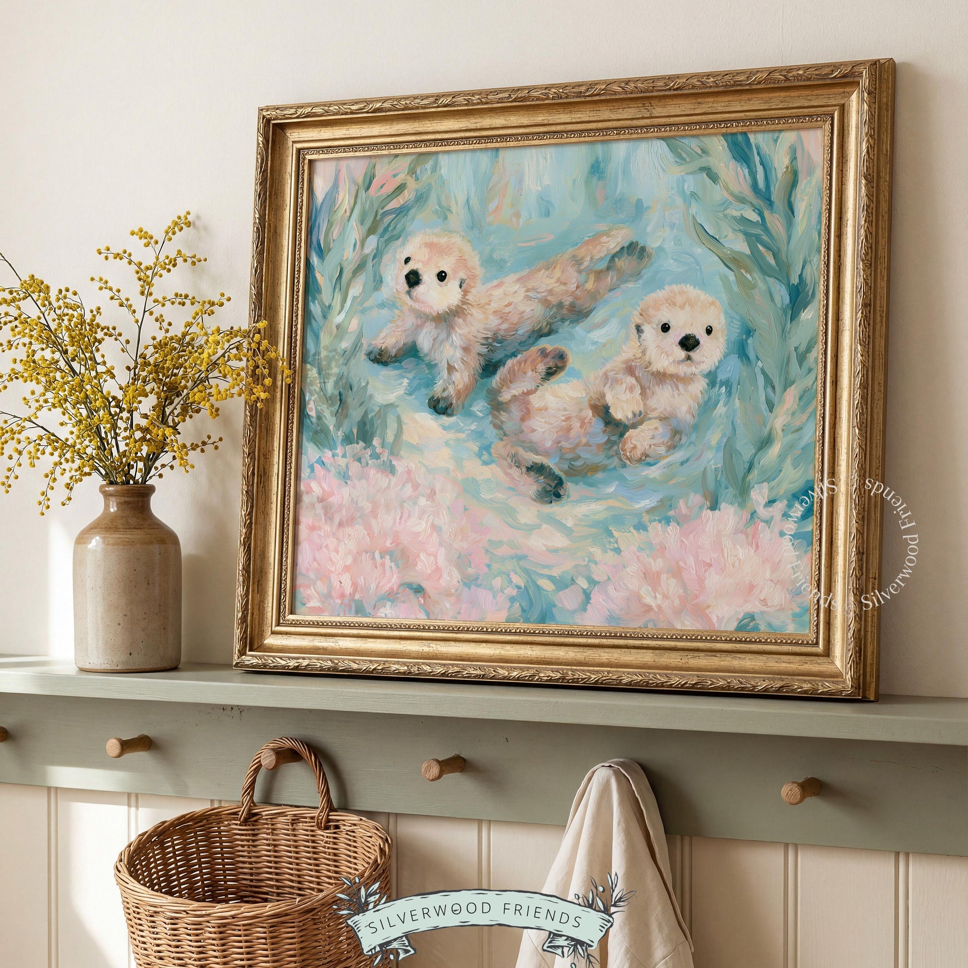 Floating sea otters poster for coastal nursery — serene art capturing expressive otters with an inviting beachy atmosphere.