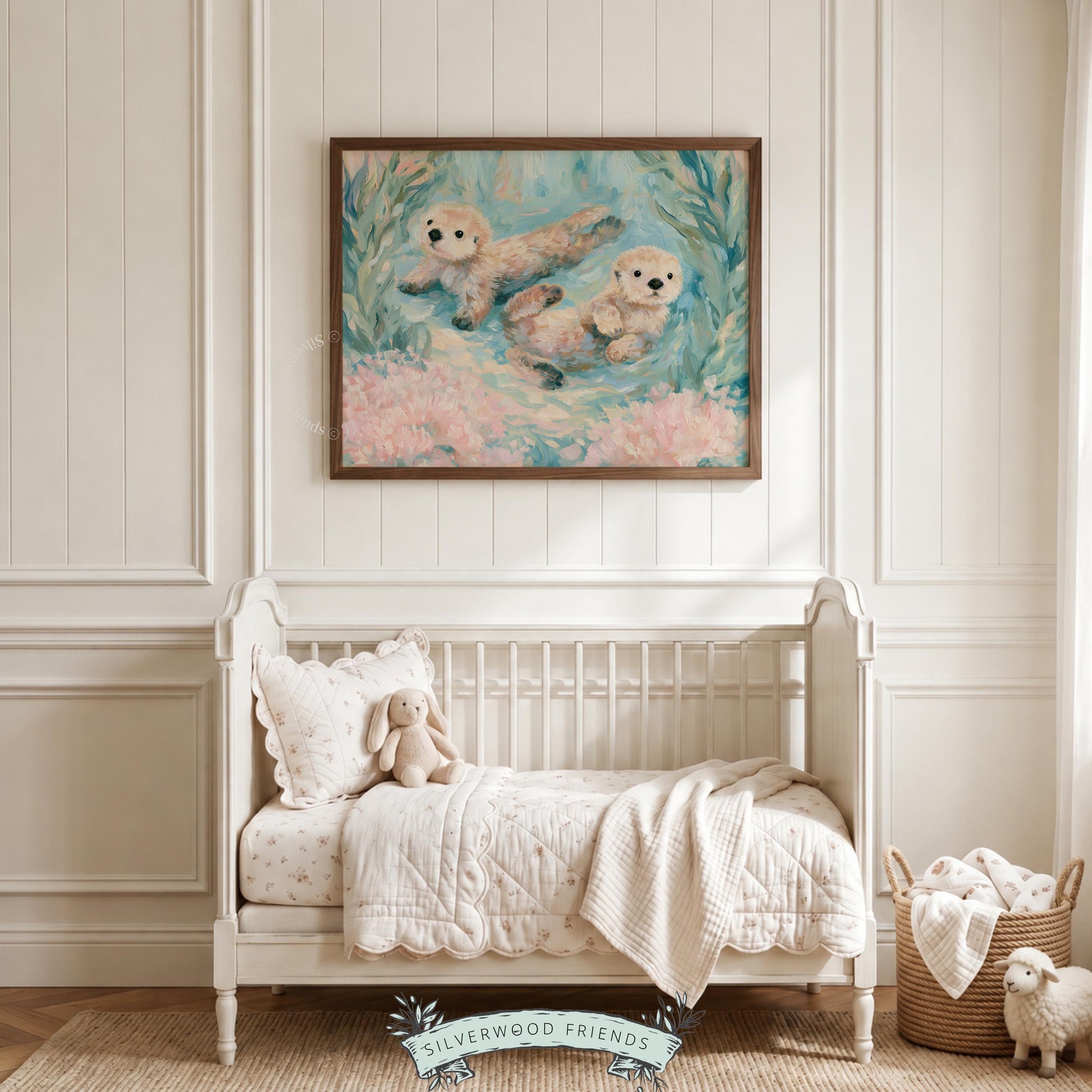 Floating otters ocean print for cozy play area — enhancing coastal decor with beautiful ocean tones and lovable creature illustrations.