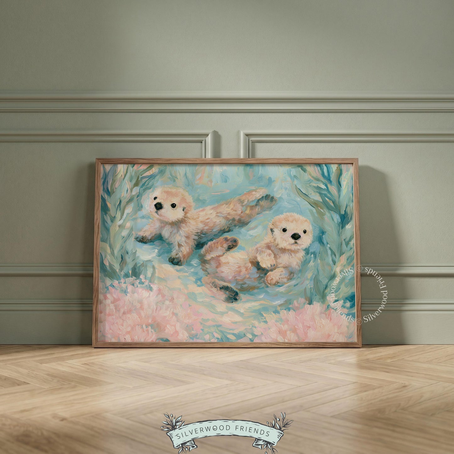 Charming sea otter picture for play area — delightful artwork illustrating cheerful otters, enhancing a warm and cozy underwater theme.