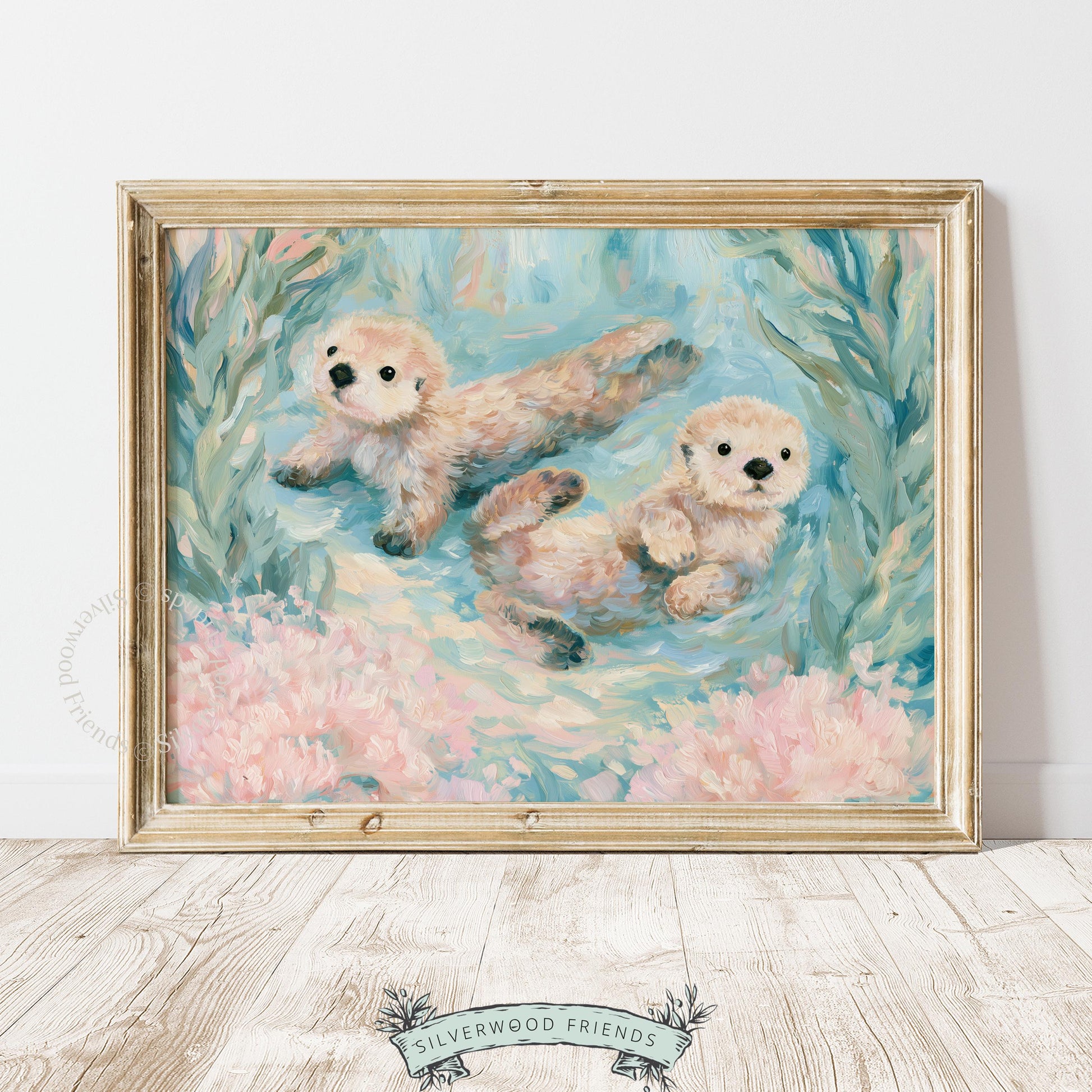 Happy sea otters artwork for beach house — cozy wall art with lively otters, bringing a cheerful touch to any seaside interior.