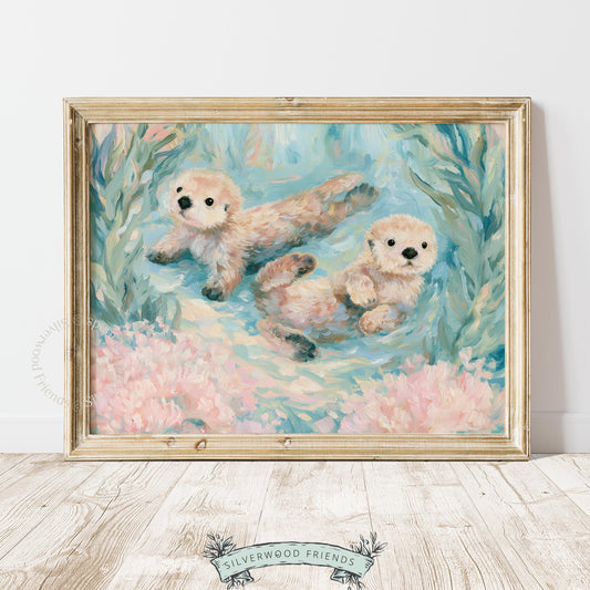 Happy sea otters artwork for beach house — cozy wall art with lively otters, bringing a cheerful touch to any seaside interior.