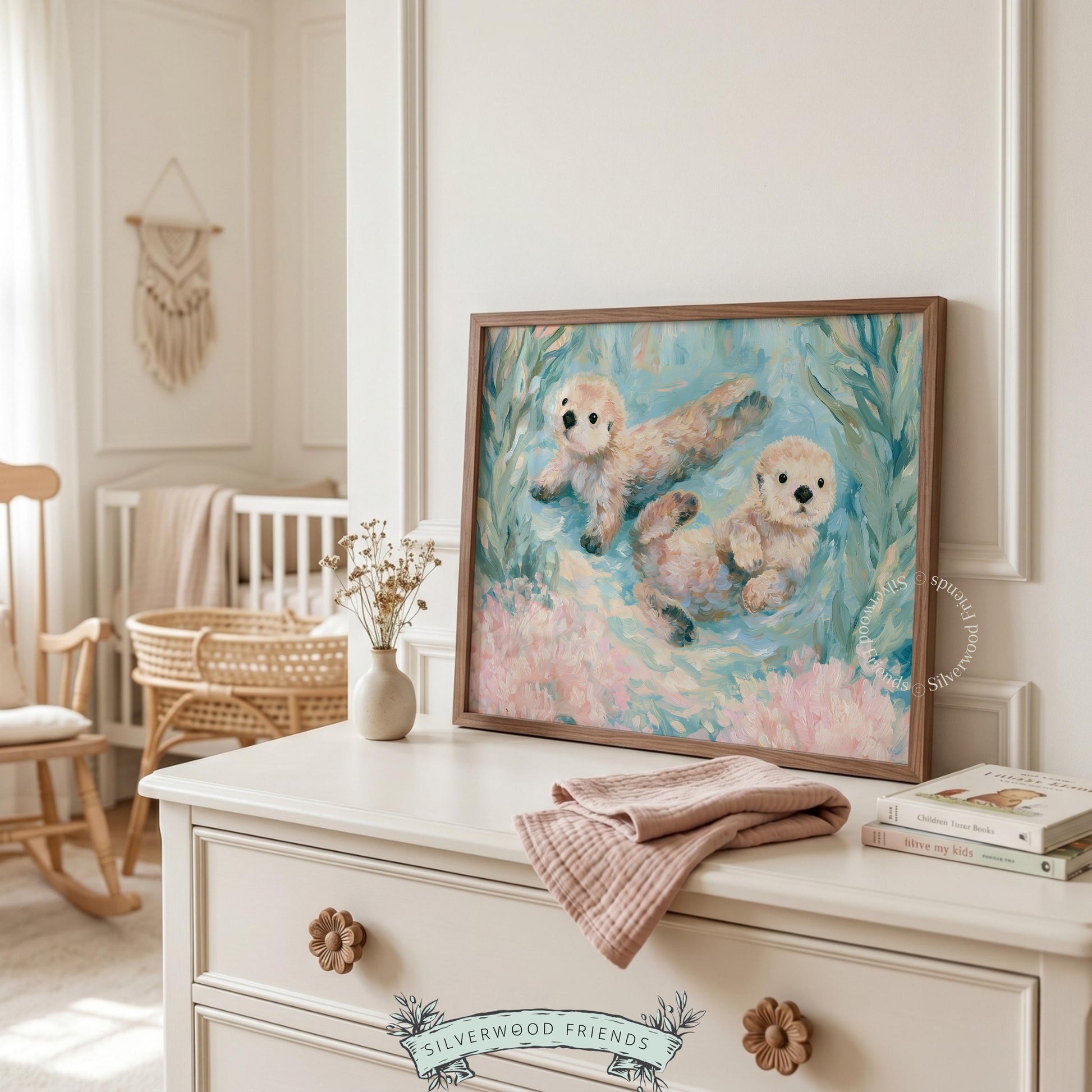 Two otters printable wall art for nursery — lovely pastel colors and gentle expressions capturing the essence of coastal charm for children.
