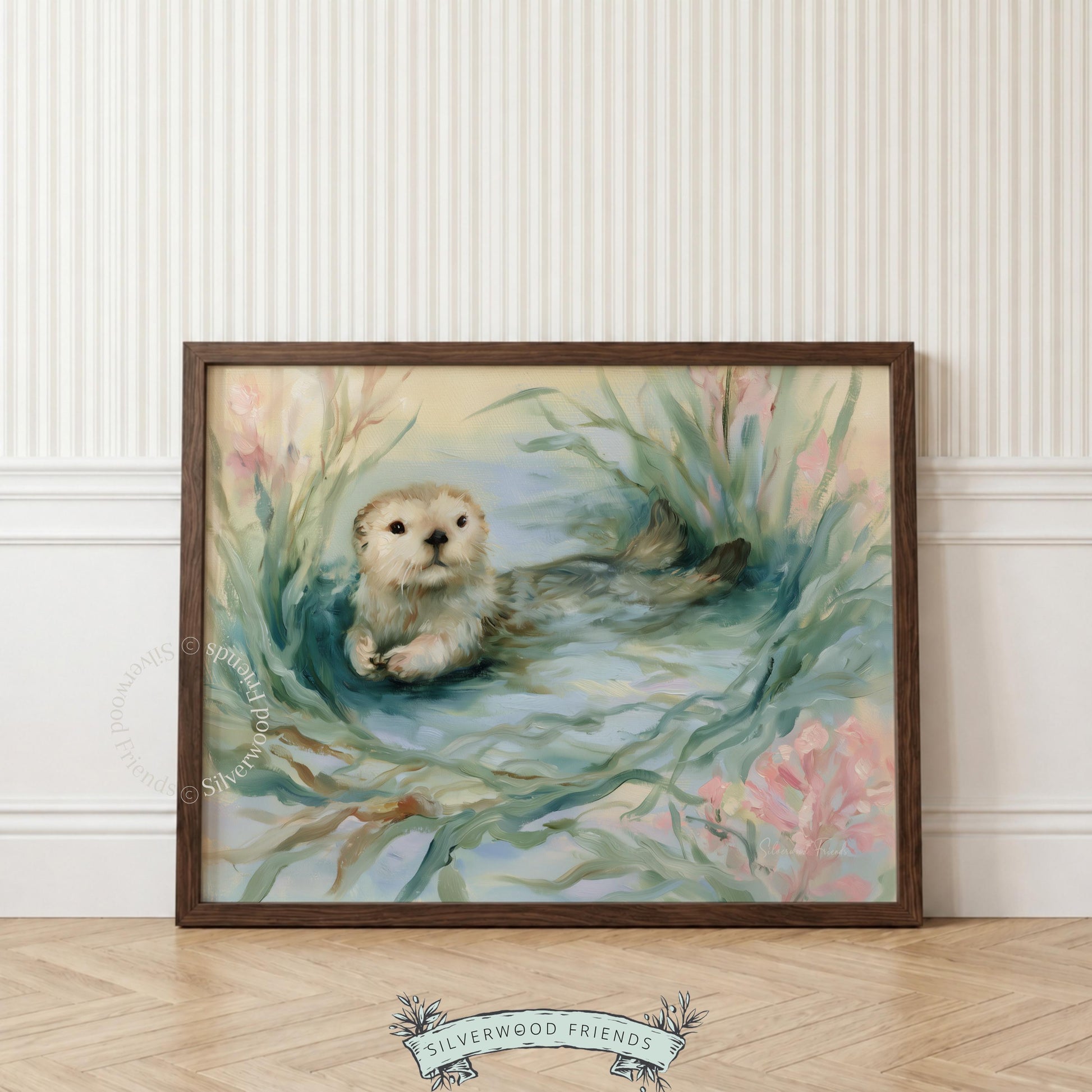 Adorable otter wall print for nursery — sweet illustration with soft pastels that brings warmth and coastal charm to your decor.