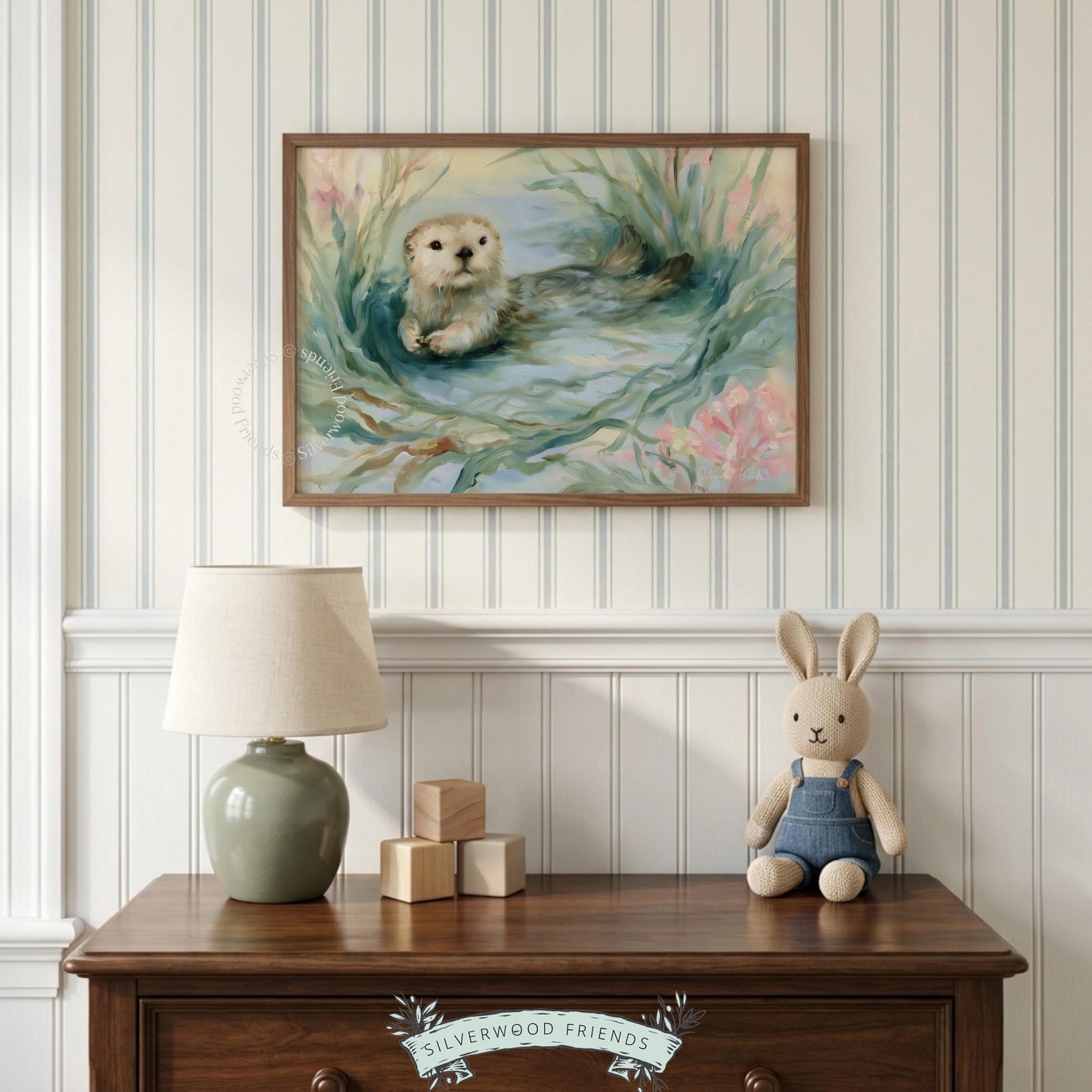 Sweet sea otter poster for coastal nursery — adorable watercolor art with a calming vibe and subtle underwater elements.