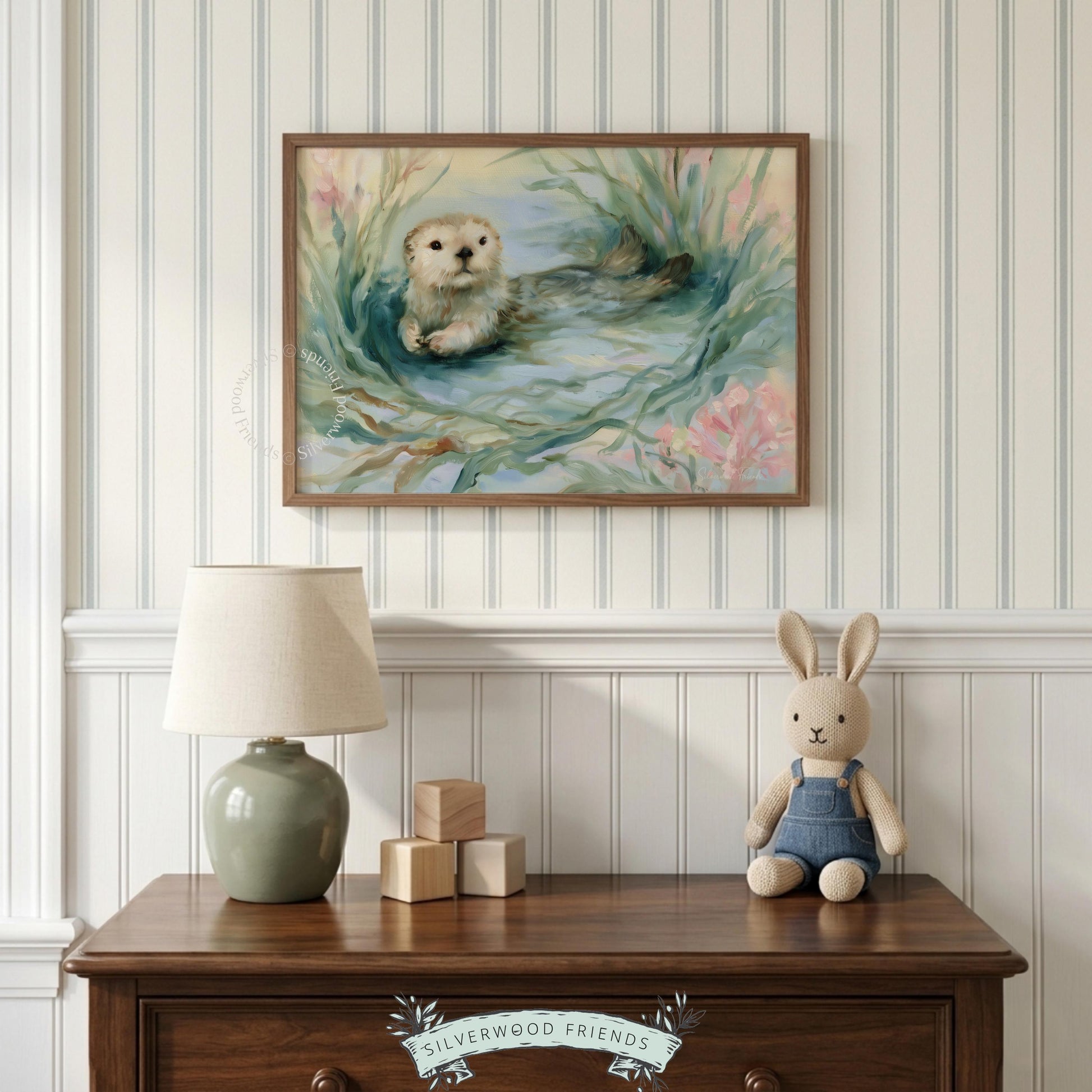 Sweet sea otter poster for coastal nursery — adorable watercolor art with a calming vibe and subtle underwater elements.
