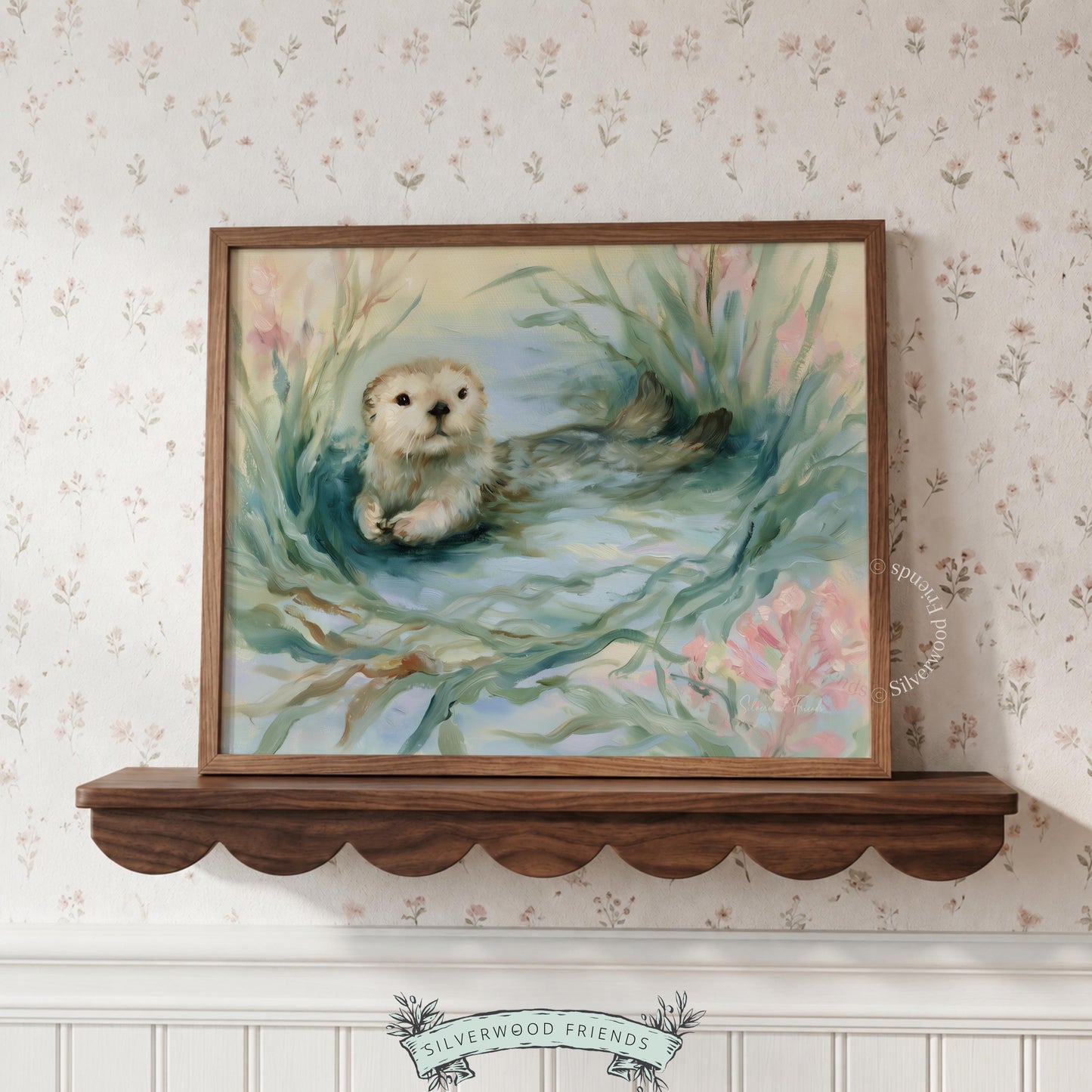 Baby sea otter wall art for nursery — charming watercolor with soft pastels, perfect for creating a cozy, calming atmosphere.