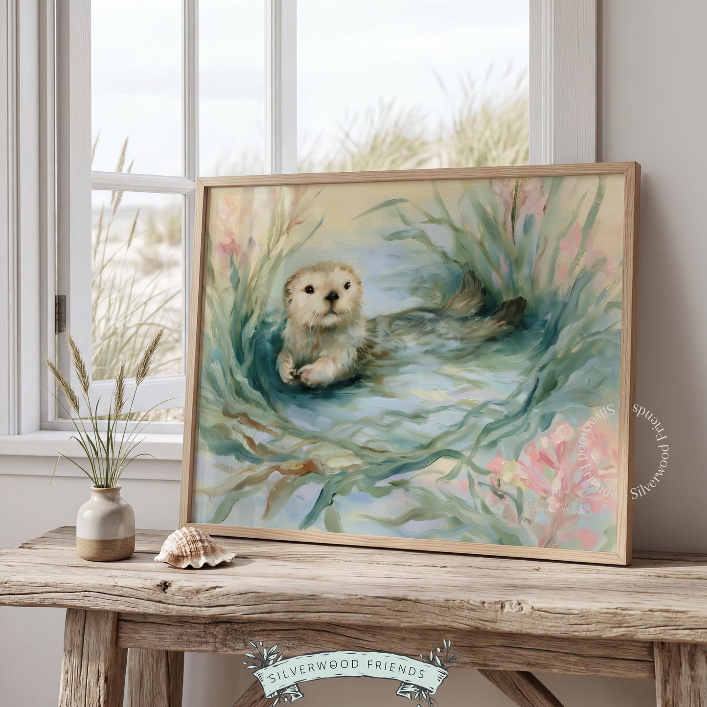 Soft sea otter digital download for kids' decor — calming watercolor art with gentle tones, perfect for a dreamy nursery.