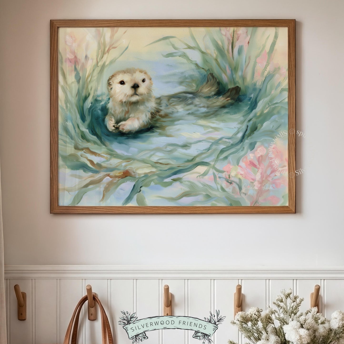 Cute otter digital print for baby room — gentle brushstrokes in soothing teal and pink hues, ideal for coastal-themed décor.