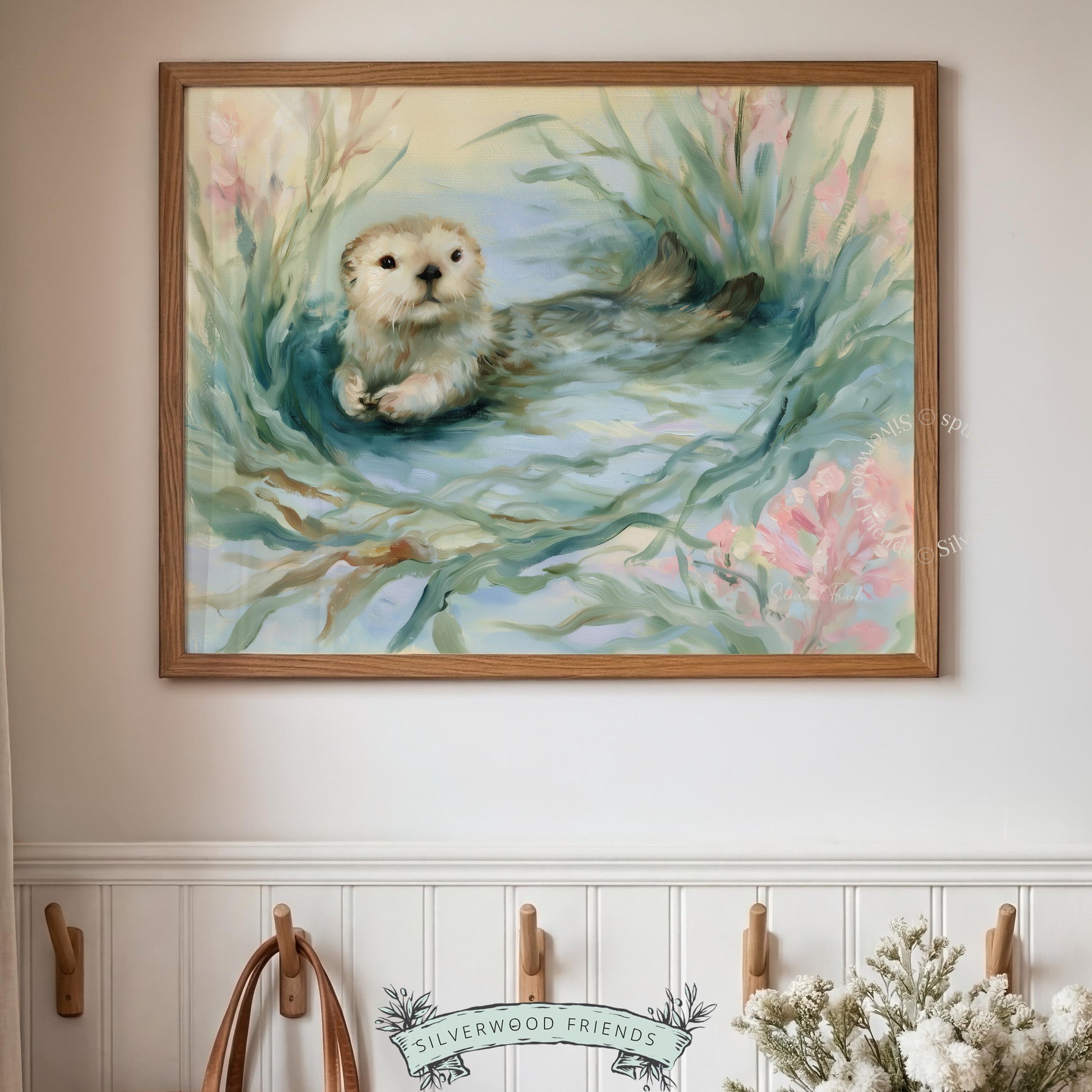 Cute otter digital print for baby room — gentle brushstrokes in soothing teal and pink hues, ideal for coastal-themed décor.