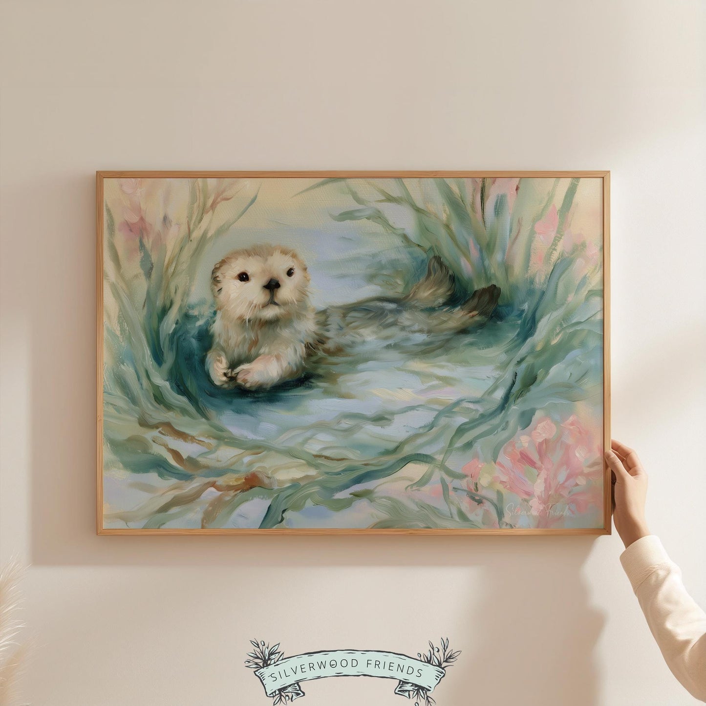 Charming otter watercolor painting for nursery — soft hues and cute character create an inviting under-the-sea vibe.