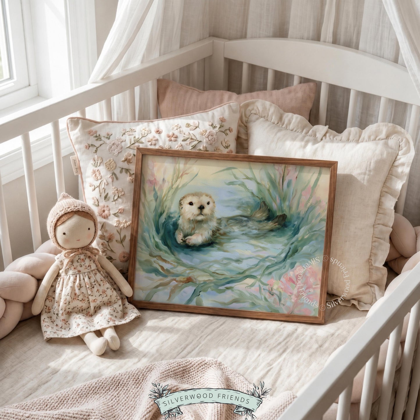 Watercolor sea otter printable art for beach house — soft colors and relaxing themes enhance any child’s nautical space.