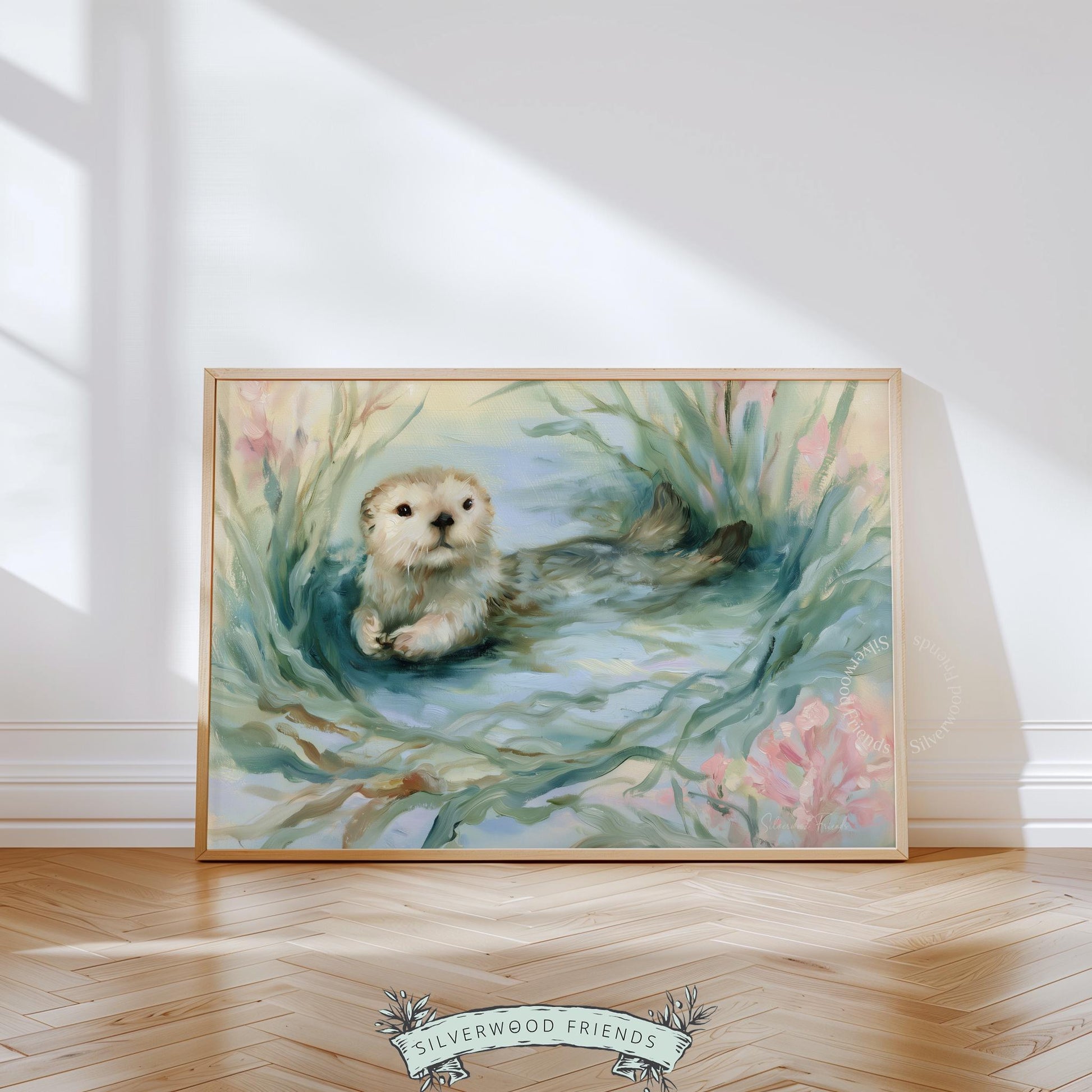 Floating otter artwork for kids’ room — serene ocean-inspired design featuring pastel shades, ideal for tranquil baby décor.