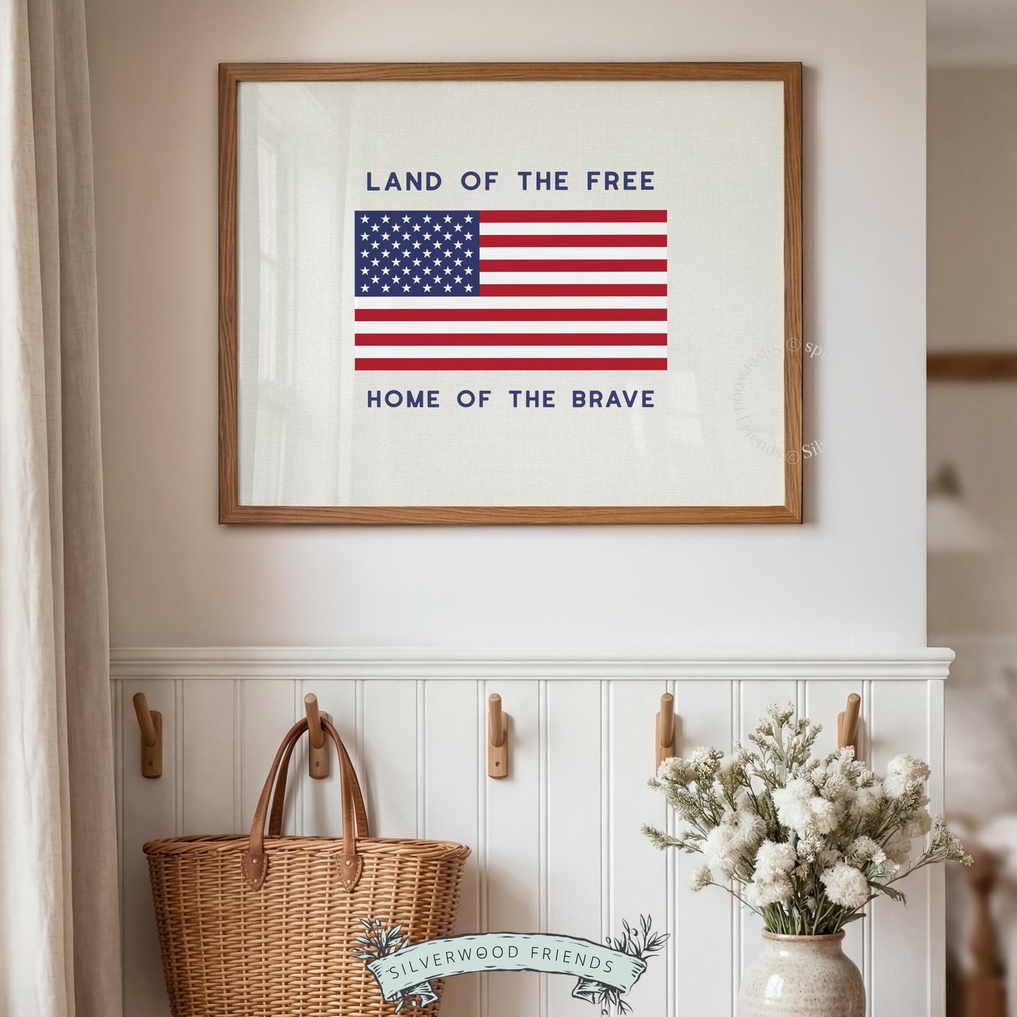 Home of the Brave wall decor digital art featuring iconic US flag on neutral cream canvas