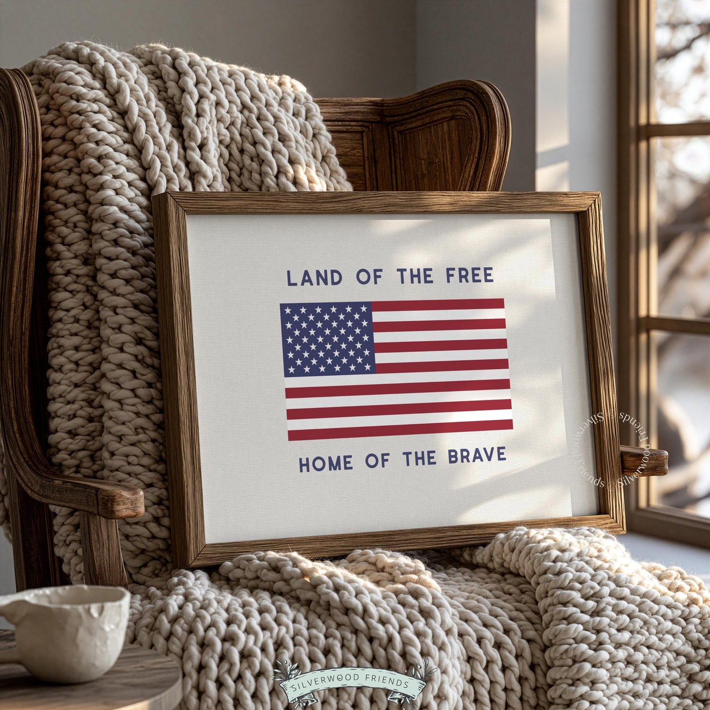 Patriotic gallery wall print featuring centered flag emblem and motivational phrases