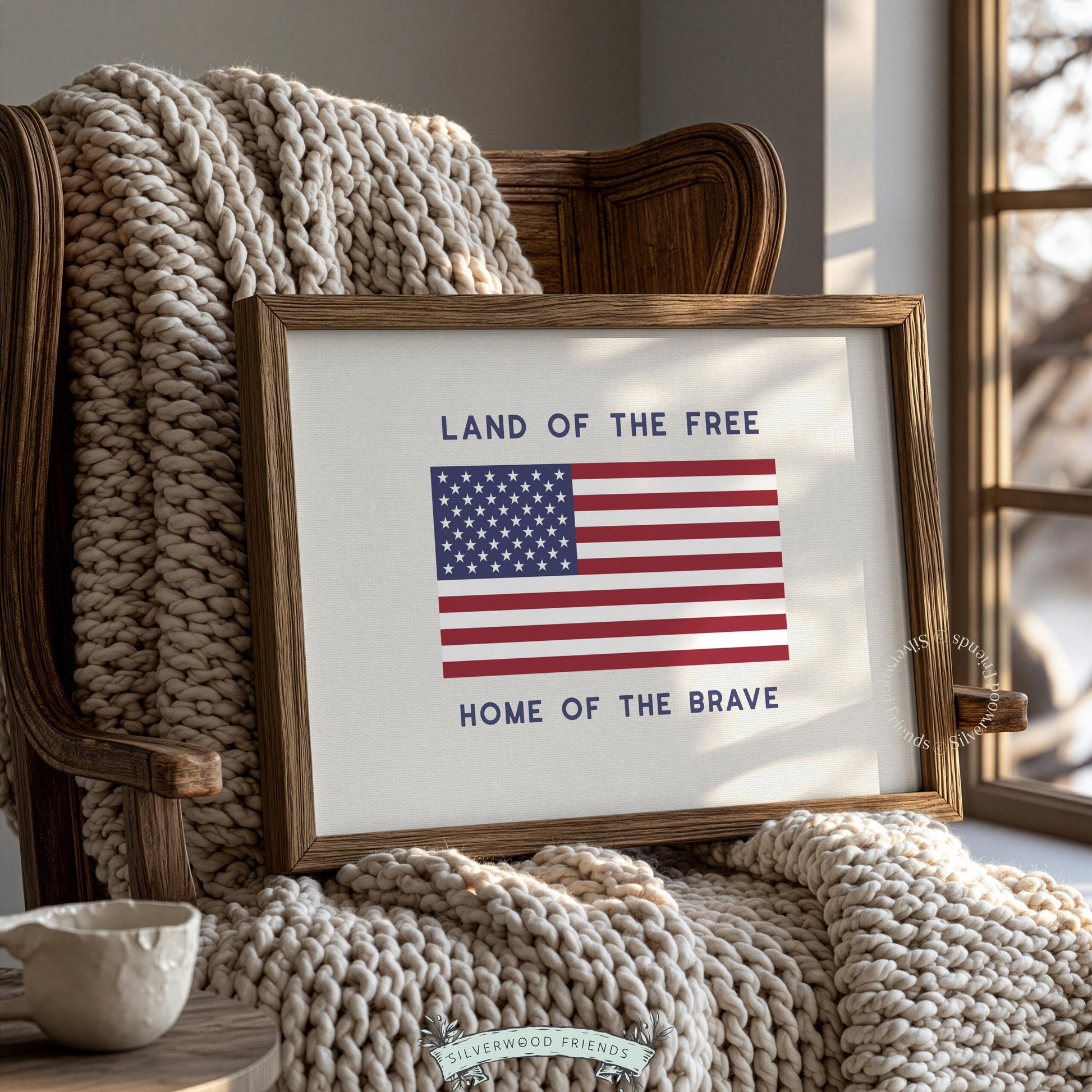Patriotic gallery wall print featuring centered flag emblem and motivational phrases