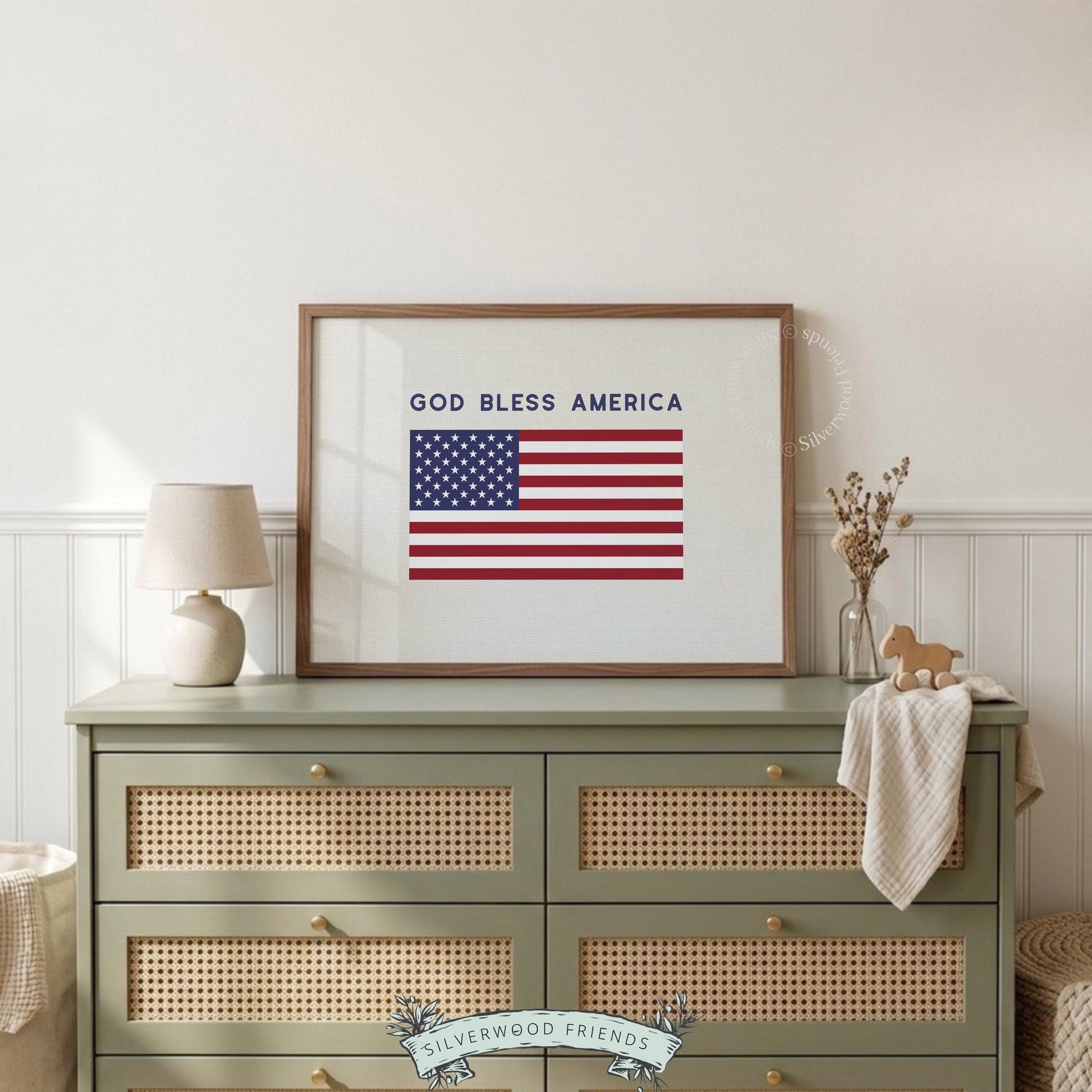 Patriotic flag picture printable art with modern farmhouse aesthetic and light cream textured backdrop