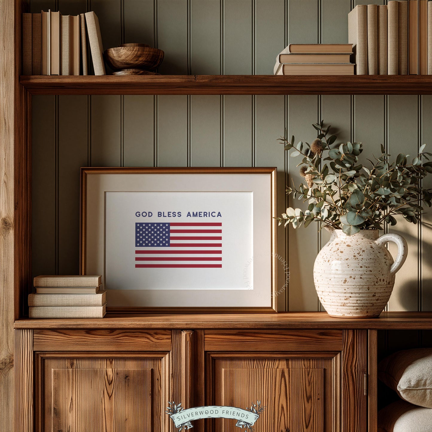 Fourth of July wall art instant download — American flag graphic with navy bold text and clean design