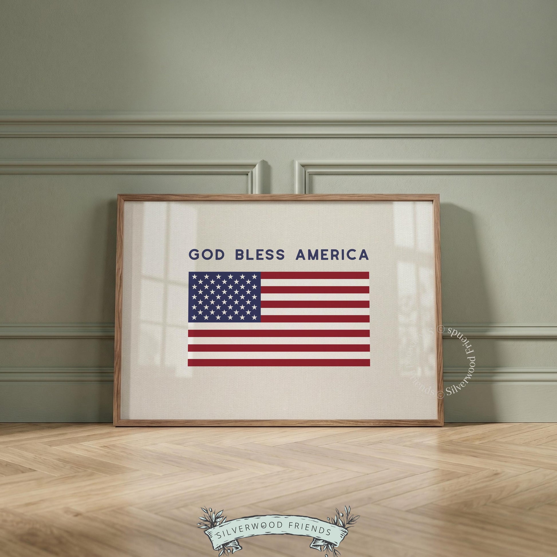 American flag printable art for living room — patriotic "God Bless America" text on cream linen background