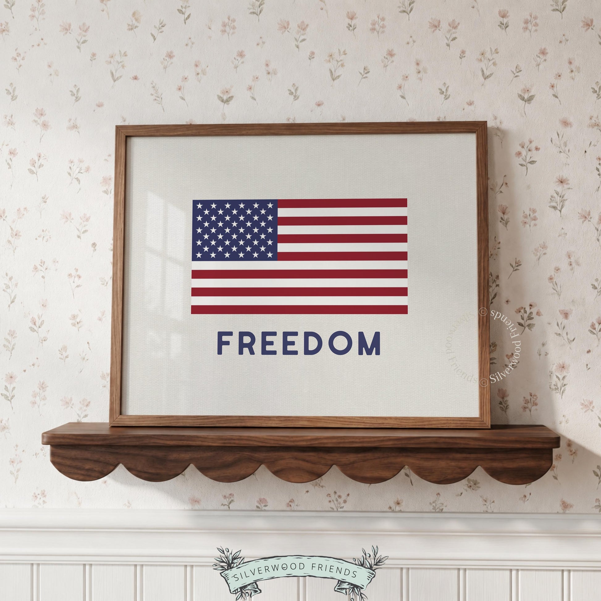 Patriotic freedom artwork featuring iconic flag — simple navy red white color scheme poster