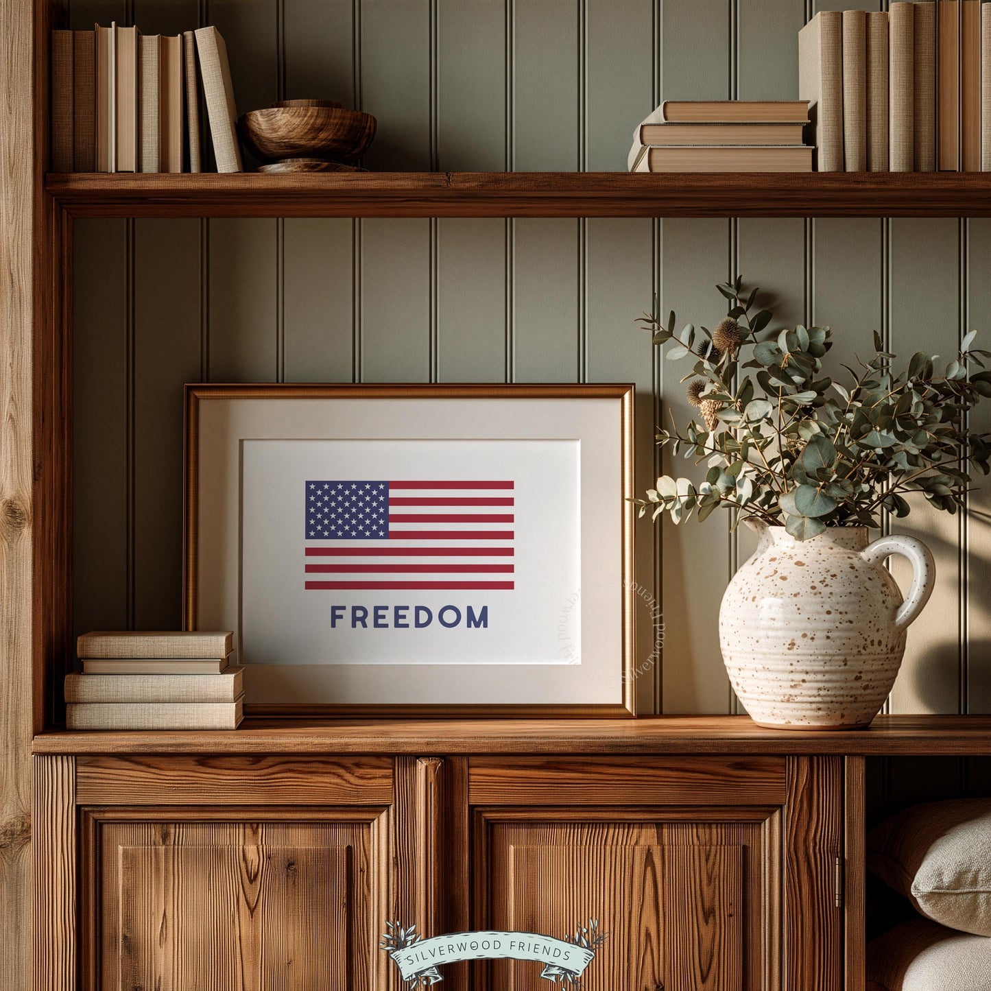 Freedom patriotic digital print featuring centered flag — simple americana themed wall art