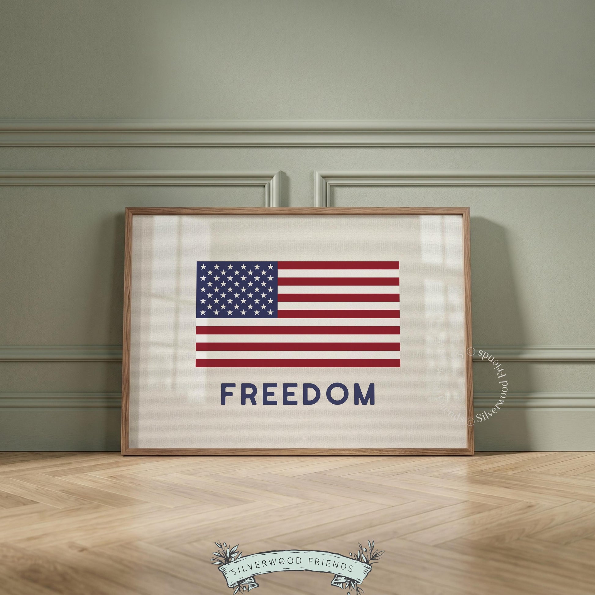 Minimalist freedom flag poster art — bold graphic design in red white navy aesthetic