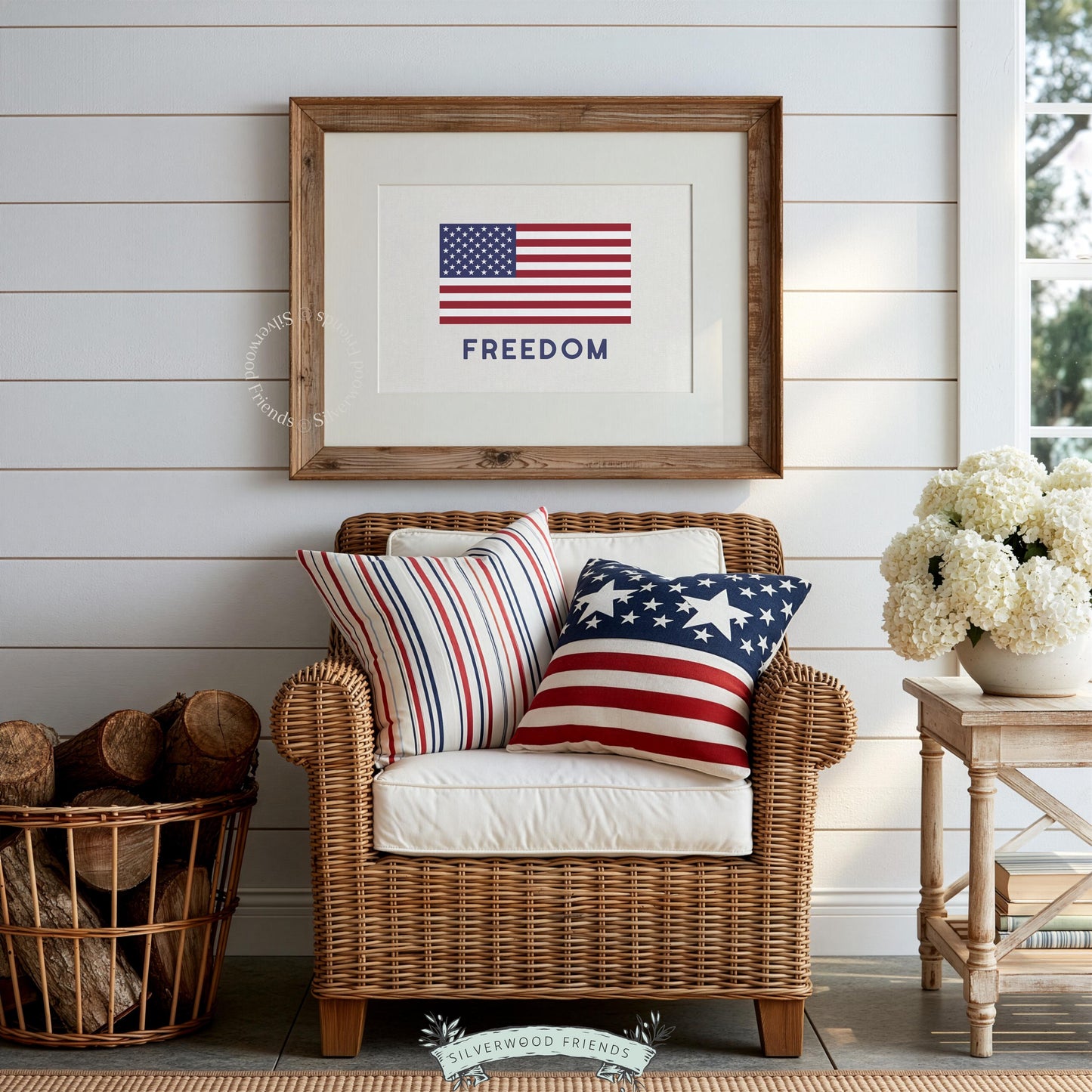 American flag with freedom text printable art for living room — patriotic navy and red design