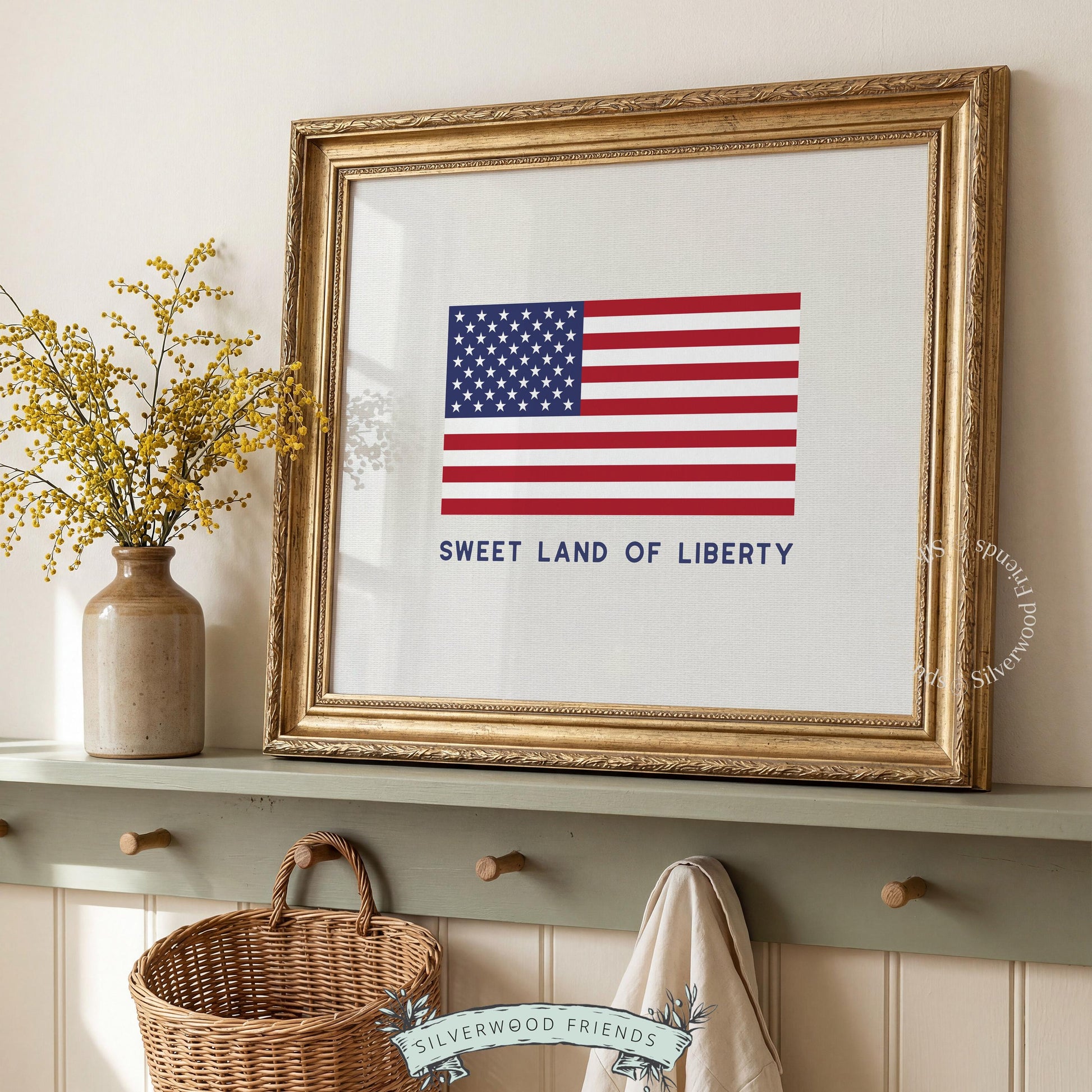 Flag wall picture printable art for year-round décor — classic red, white, and blue with warm cream texture