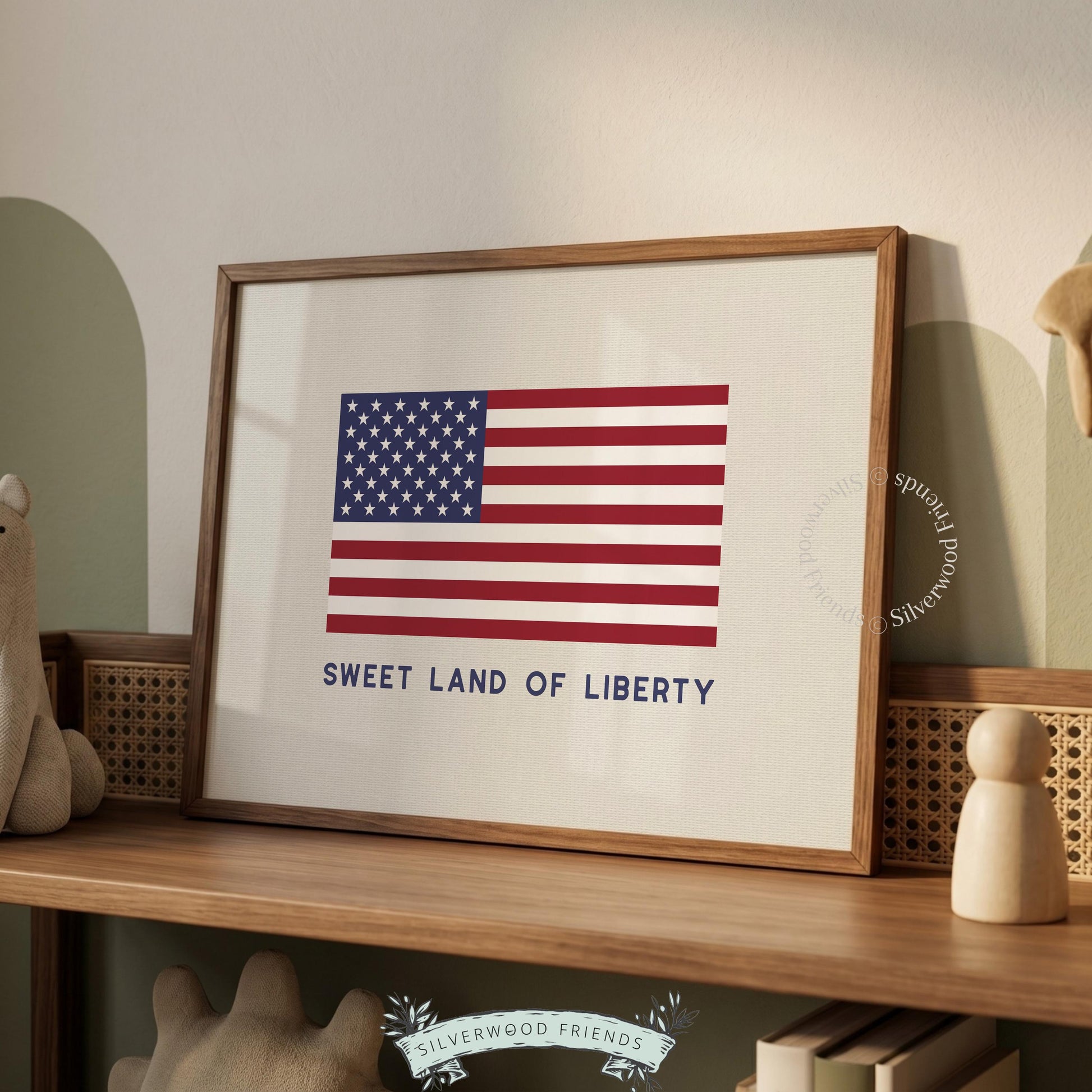 Patriotic poster with American flag imagery — bold traditional colors on warm cream linen backdrop