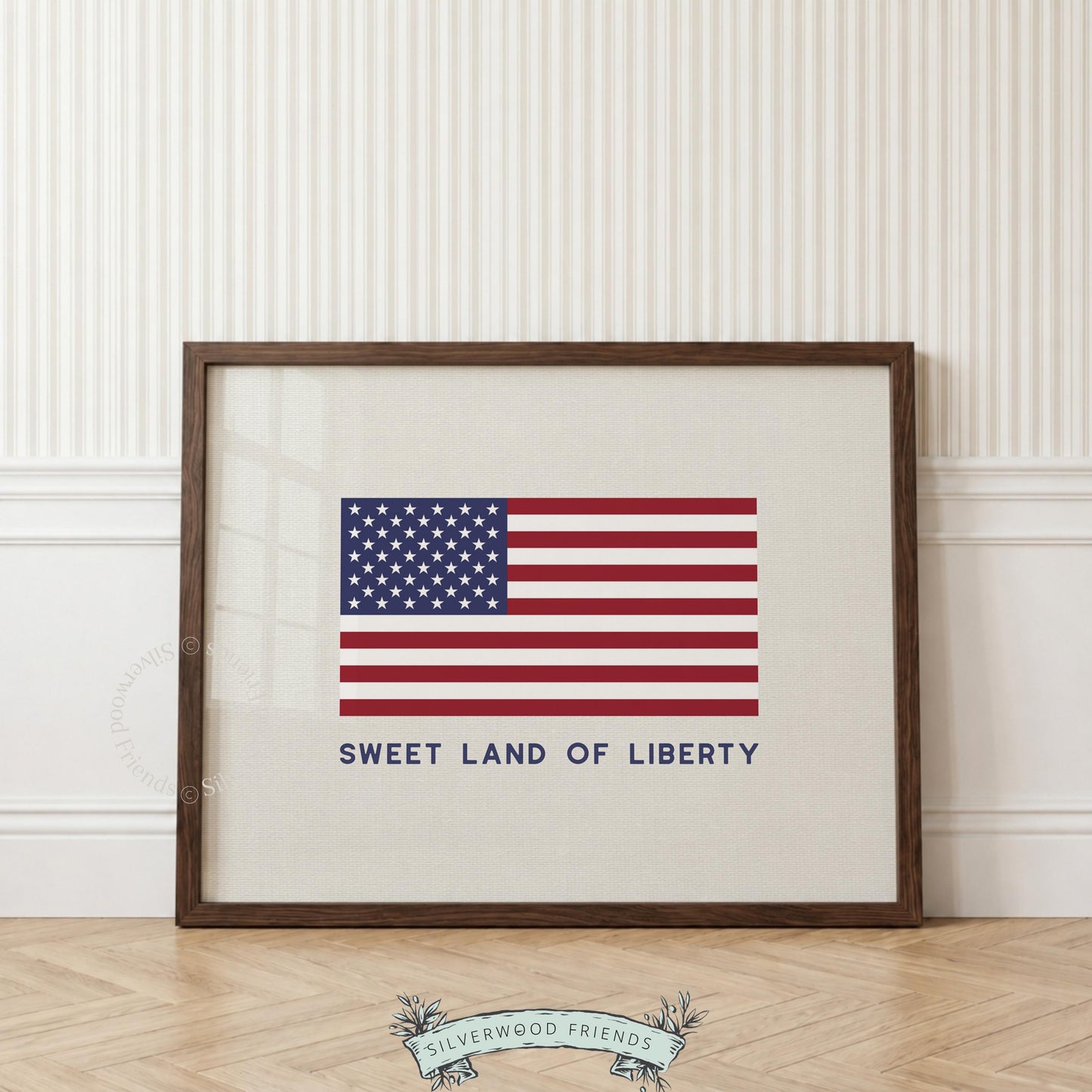 Patriotic wall print digital download for Fourth of July — minimalist flag imagery with rustic off-white texture