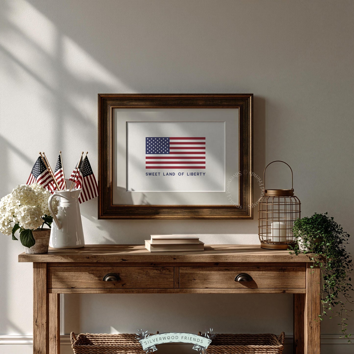 "Sweet Land of Liberty" flag picture for living room — timeless red, white, and blue patriotic statement art