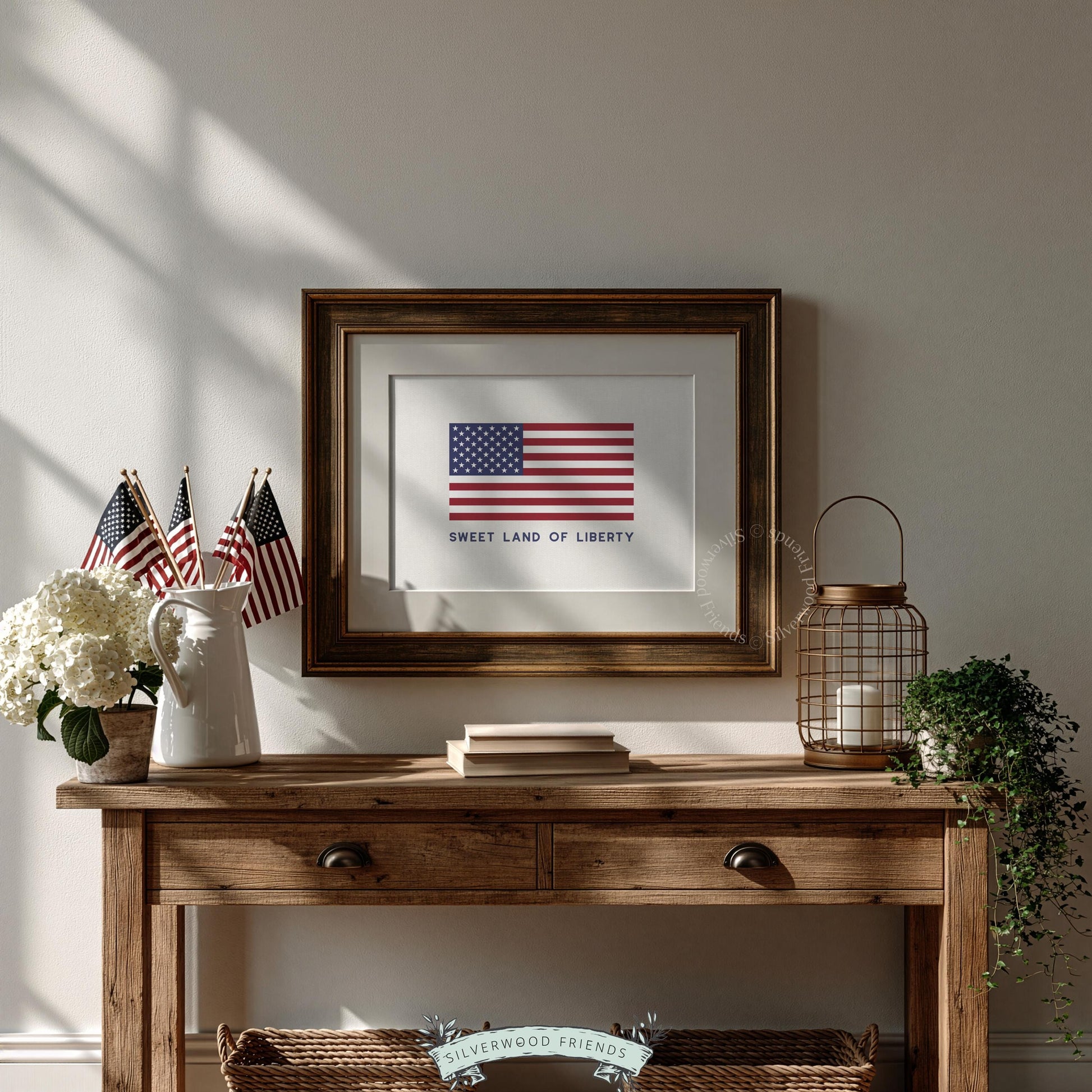"Sweet Land of Liberty" flag picture for living room — timeless red, white, and blue patriotic statement art