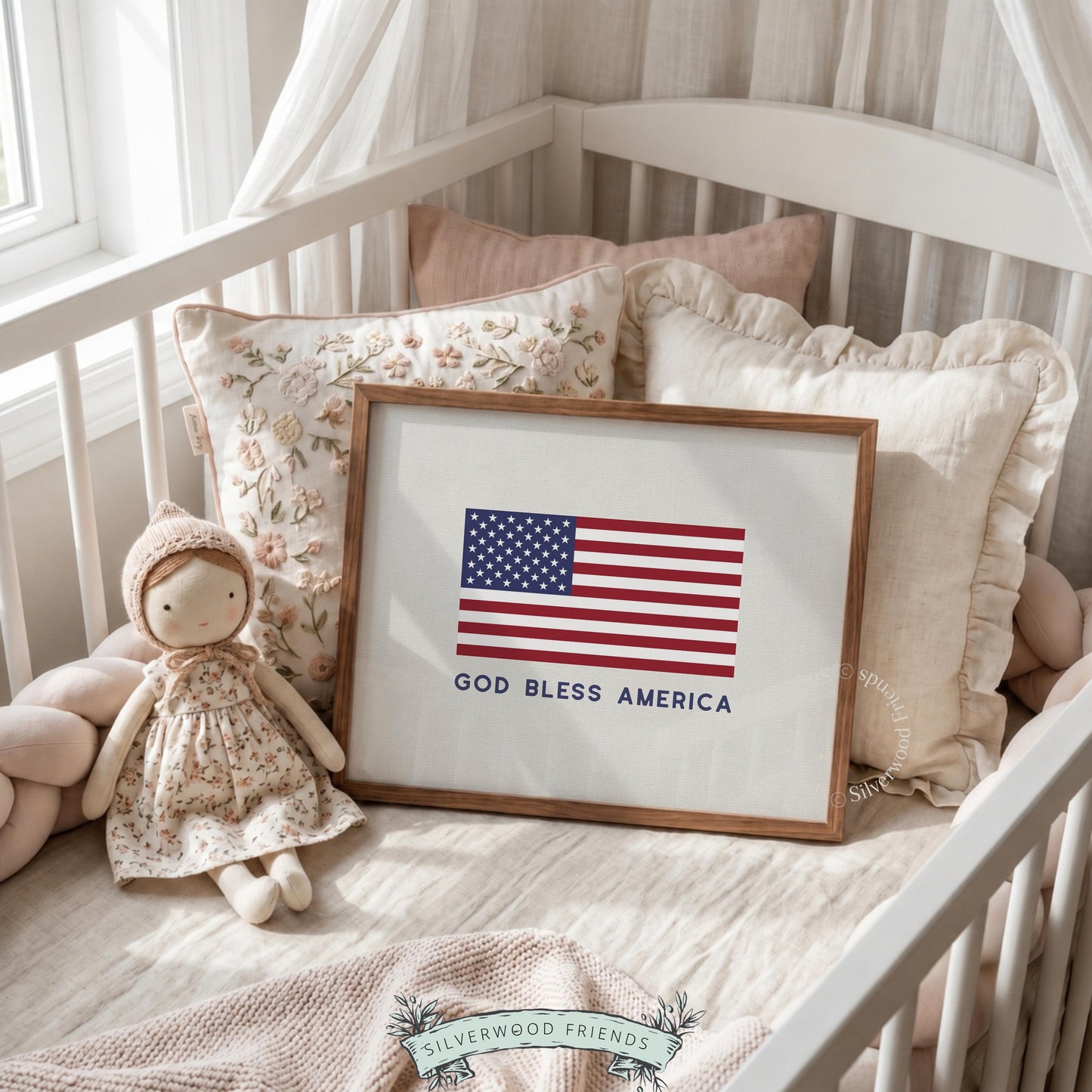 Minimal flag picture with patriotic text — clean navy lettering on warm cream linen-textured canvas