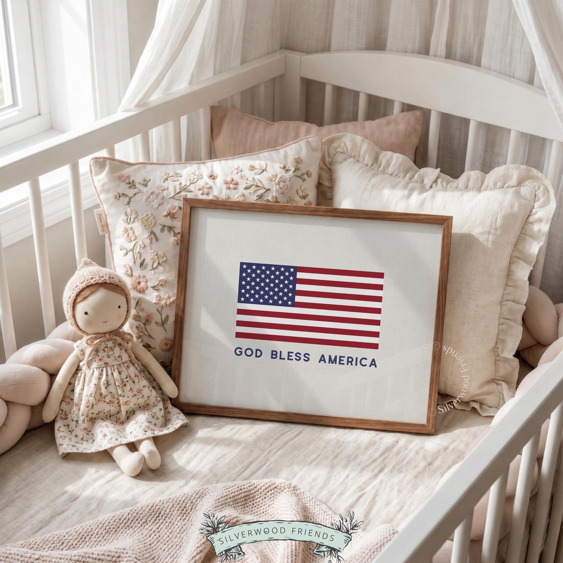 Minimal flag picture with patriotic text — clean navy lettering on warm cream linen-textured canvas
