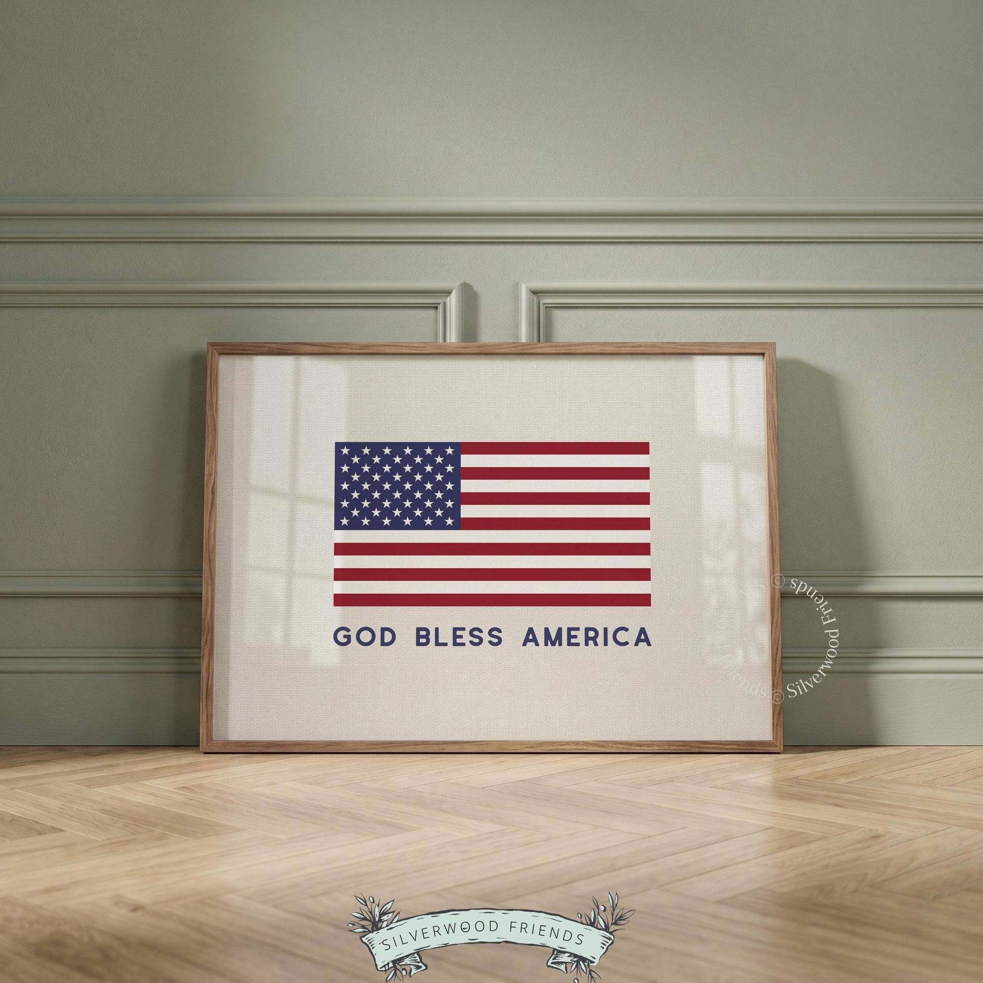 Vintage-style flag print artwork — cream linen texture with timeless red and blue Americana aesthetic