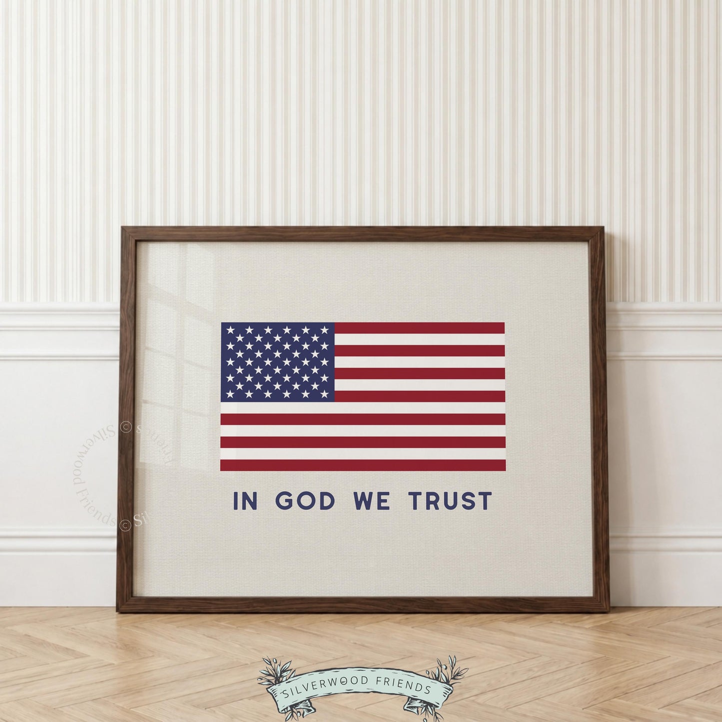 Vintage-style flag poster with navy "God We Trust" text — farmhouse aesthetic printable art