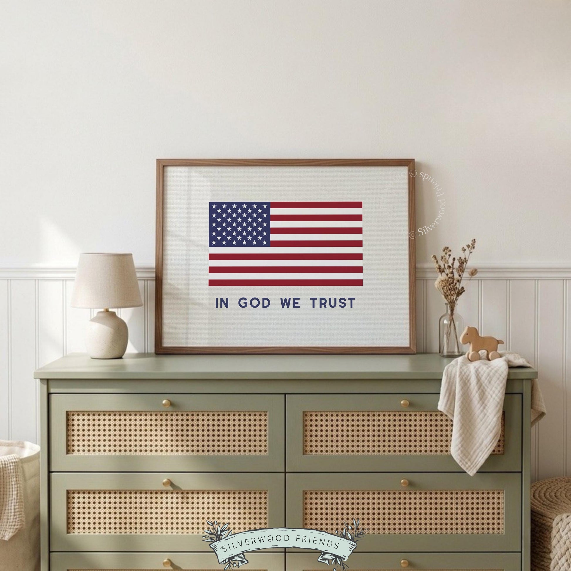 Bold graphic flag picture with cream neutral background — farmhouse patriotic wall print