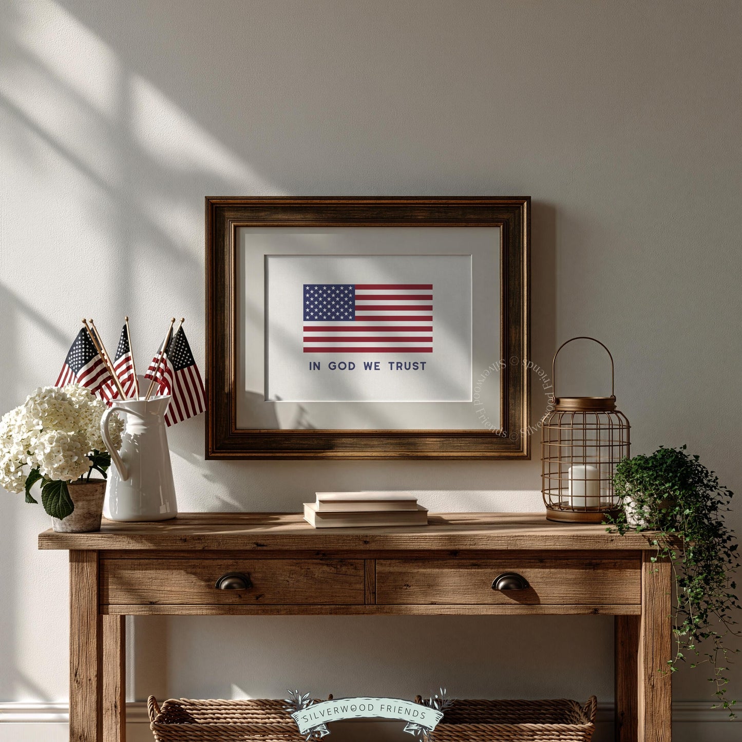 Cream background flag picture with bold Americana typography — gallery wall printable