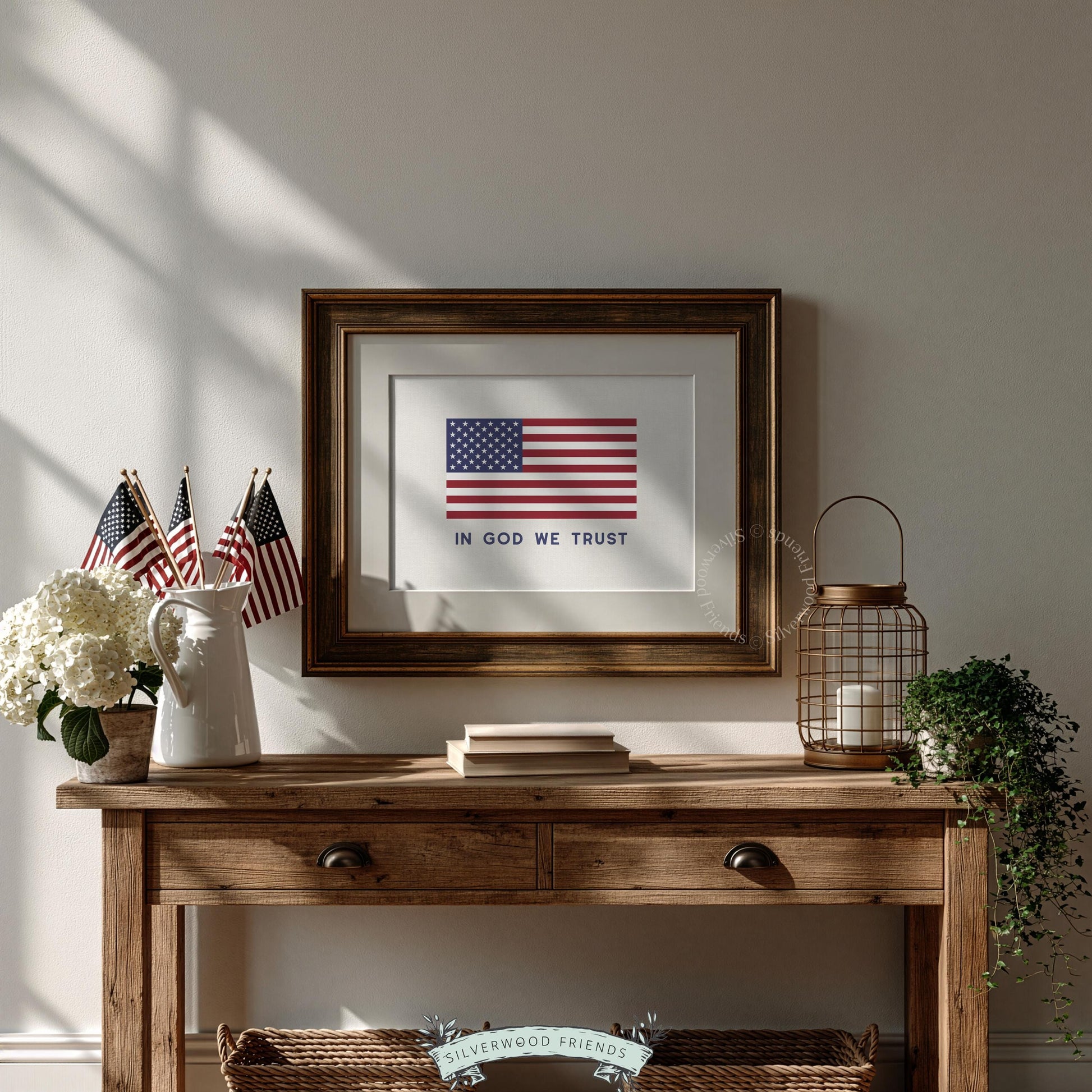 Cream background flag picture with bold Americana typography — gallery wall printable