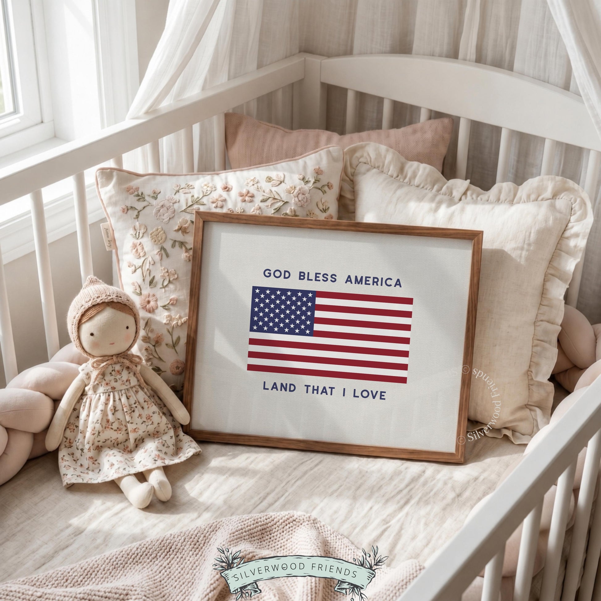 Land that I love picture printable art — American symbol centered on neutral backdrop with navy typography