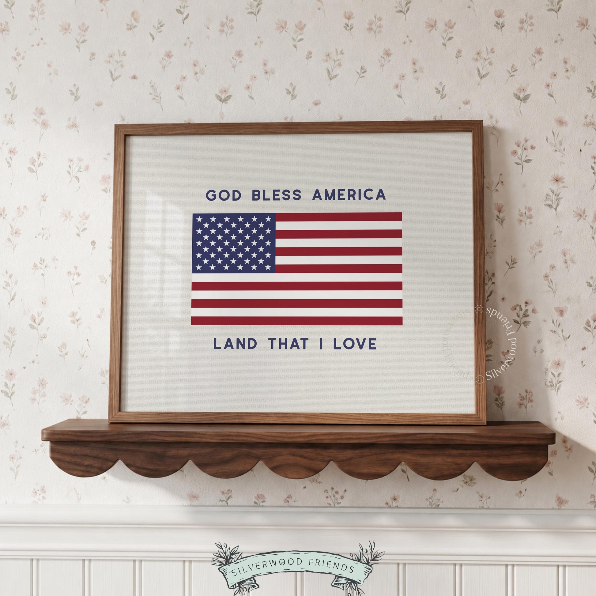 Land of the free poster art for kitchen — bold typography American flag print in traditional color palette