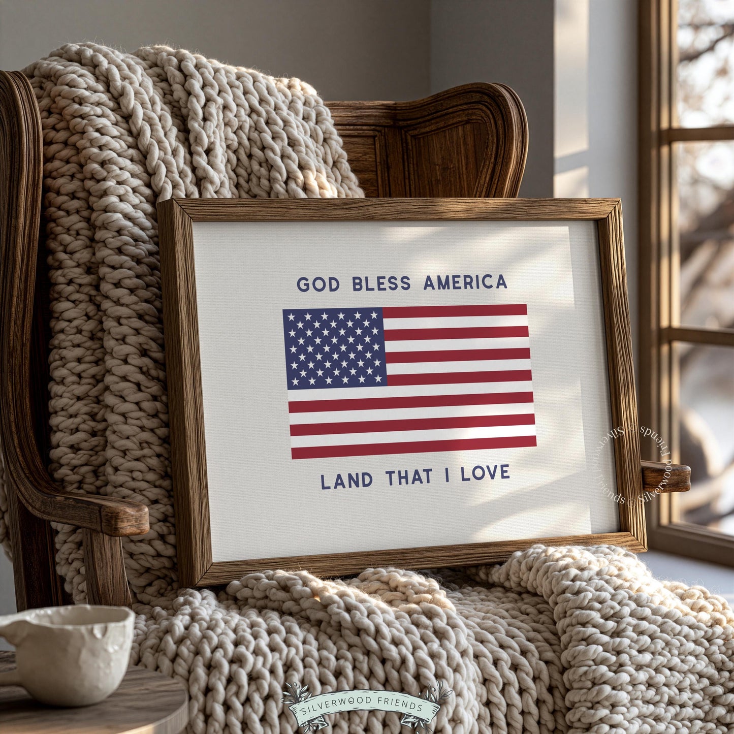 Cottagecore Americana poster print — vintage-style flag artwork with inspirational phrase on cream ground