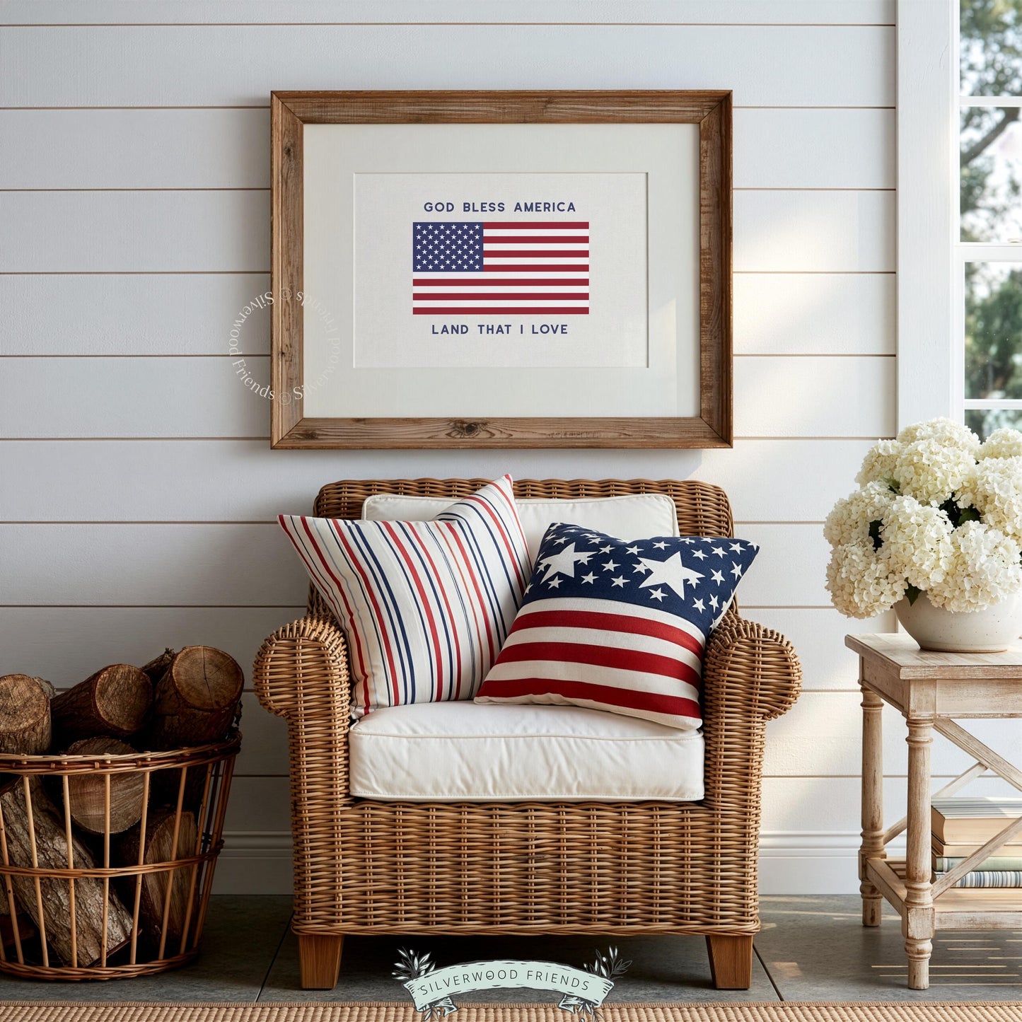 Classic US flag wall art for living room — "God Bless America" print with farmhouse aesthetic and red white blue
