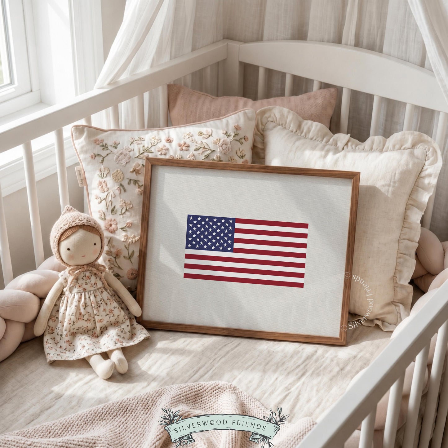 Usa patriotic poster for family room — clean flag illustration with geometric stars on cream canvas