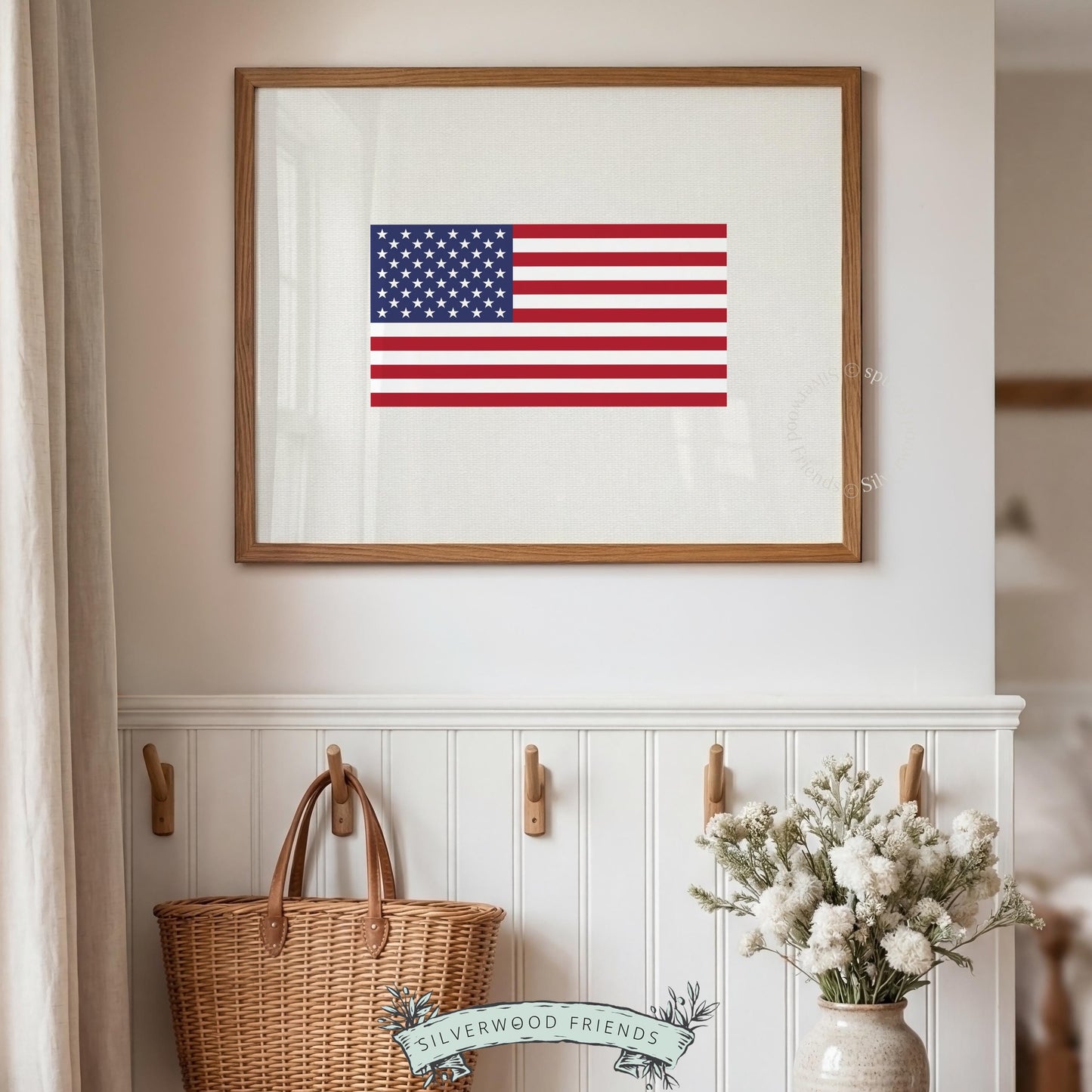 Patriotic stars and stripes printable art for entryway — minimalist flag design with clean geometric style