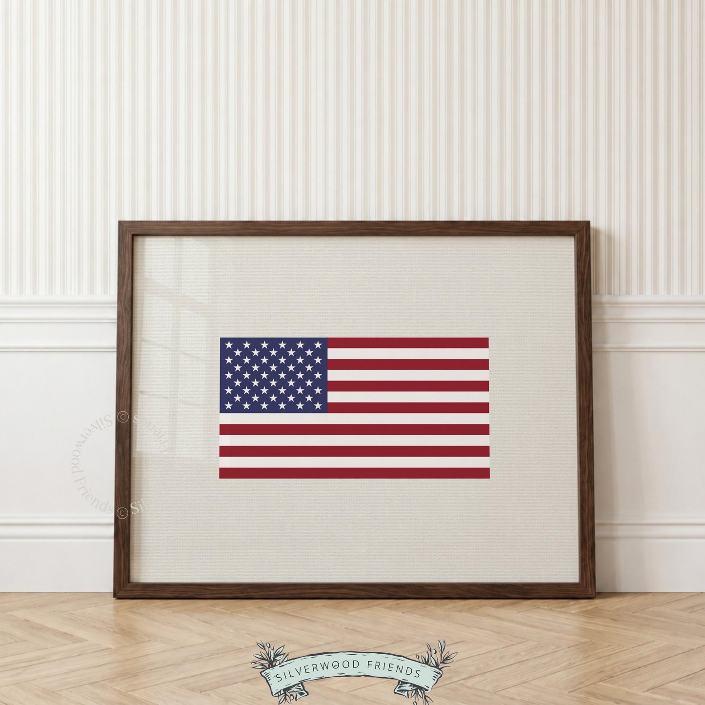 Minimalist flag poster for office — clean geometric stars and stripes design in primary colors