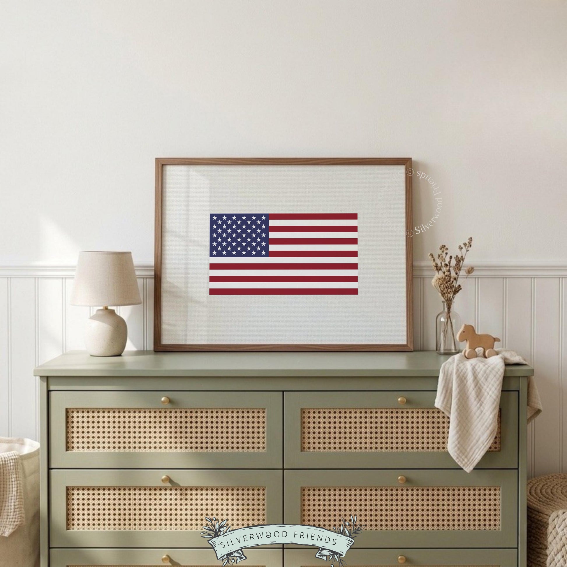 American flag graphic poster for living room — bold red, white, and blue stars and stripes on cream background