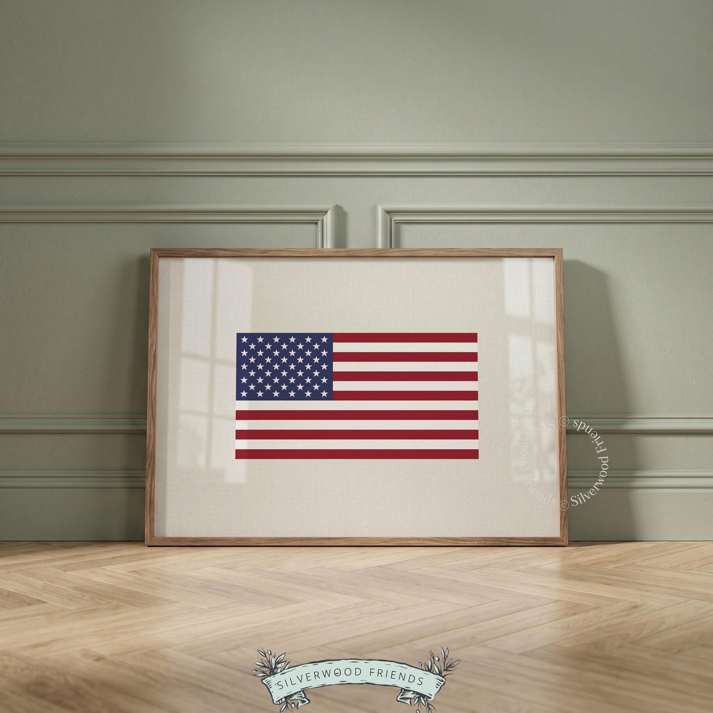 Classic flag illustration wall art for bedroom — iconic Americana aesthetic in traditional red and blue tones