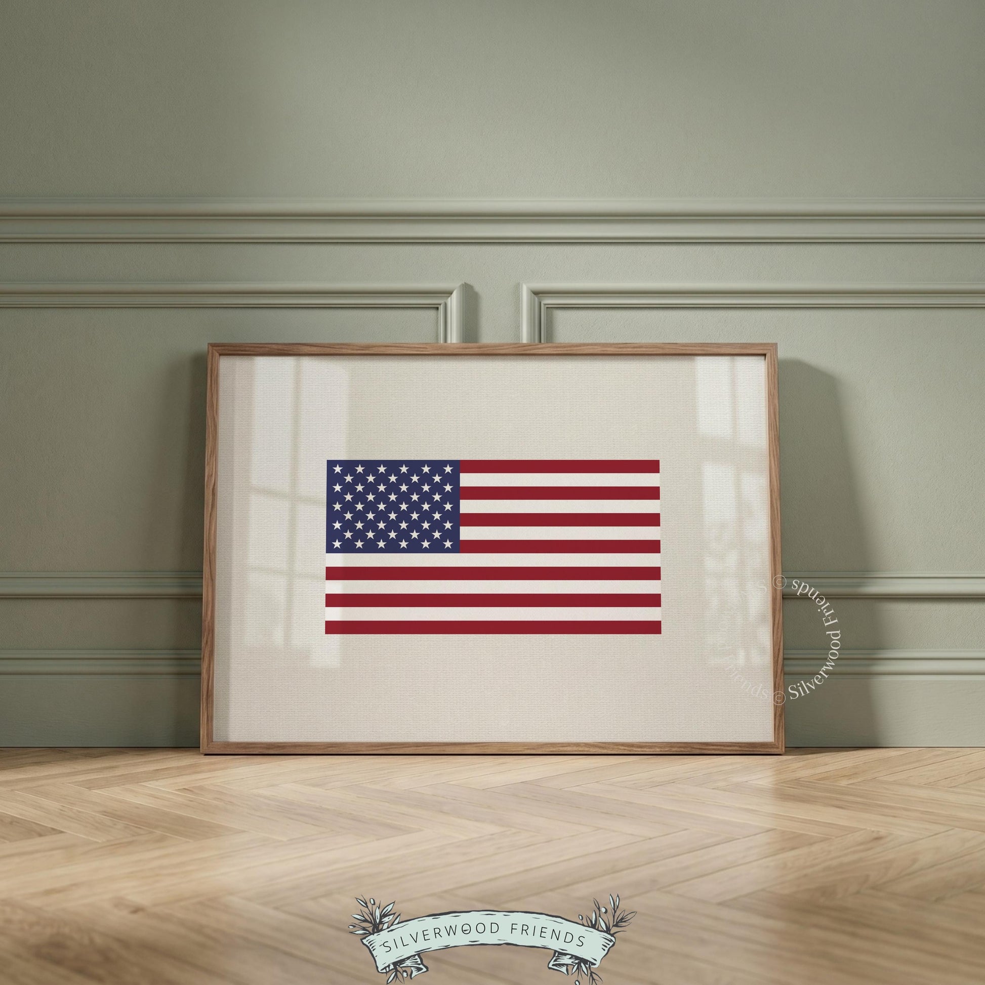 Classic flag illustration wall art for bedroom — iconic Americana aesthetic in traditional red and blue tones